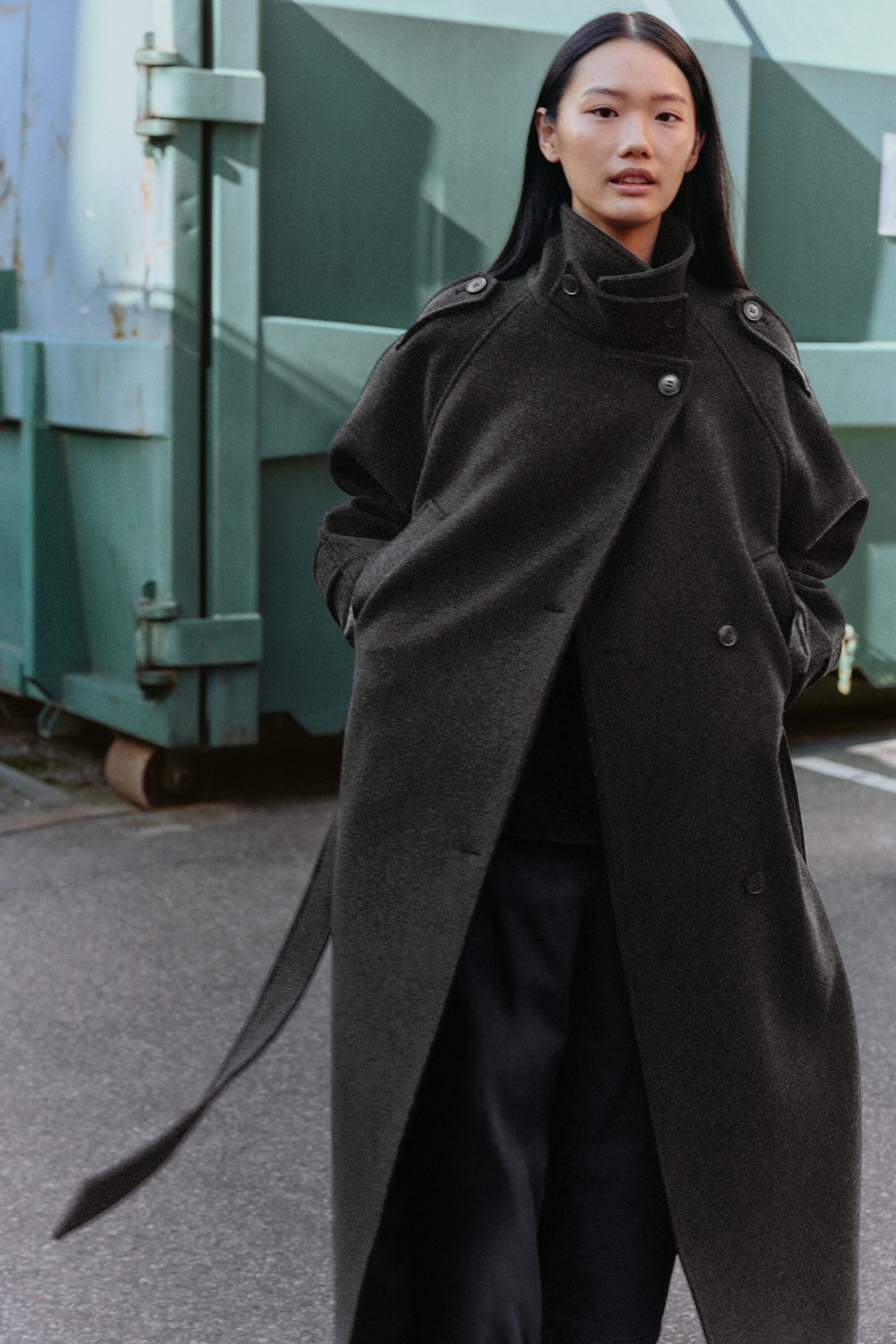 Dark Grey Melange - Wool-Blend Belted Double-Breasted Coat - 5