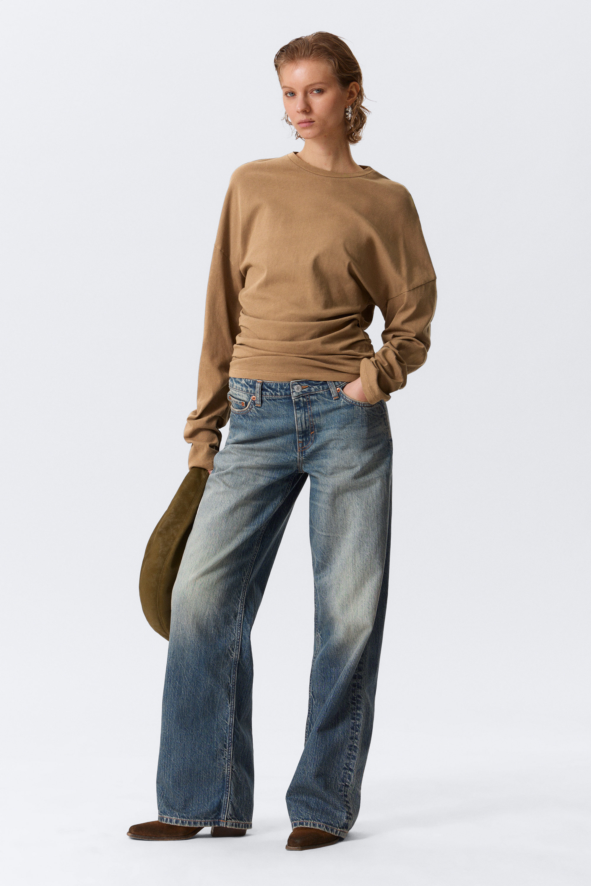 Dark Beige - Pleated Long-Sleeved Top - 2