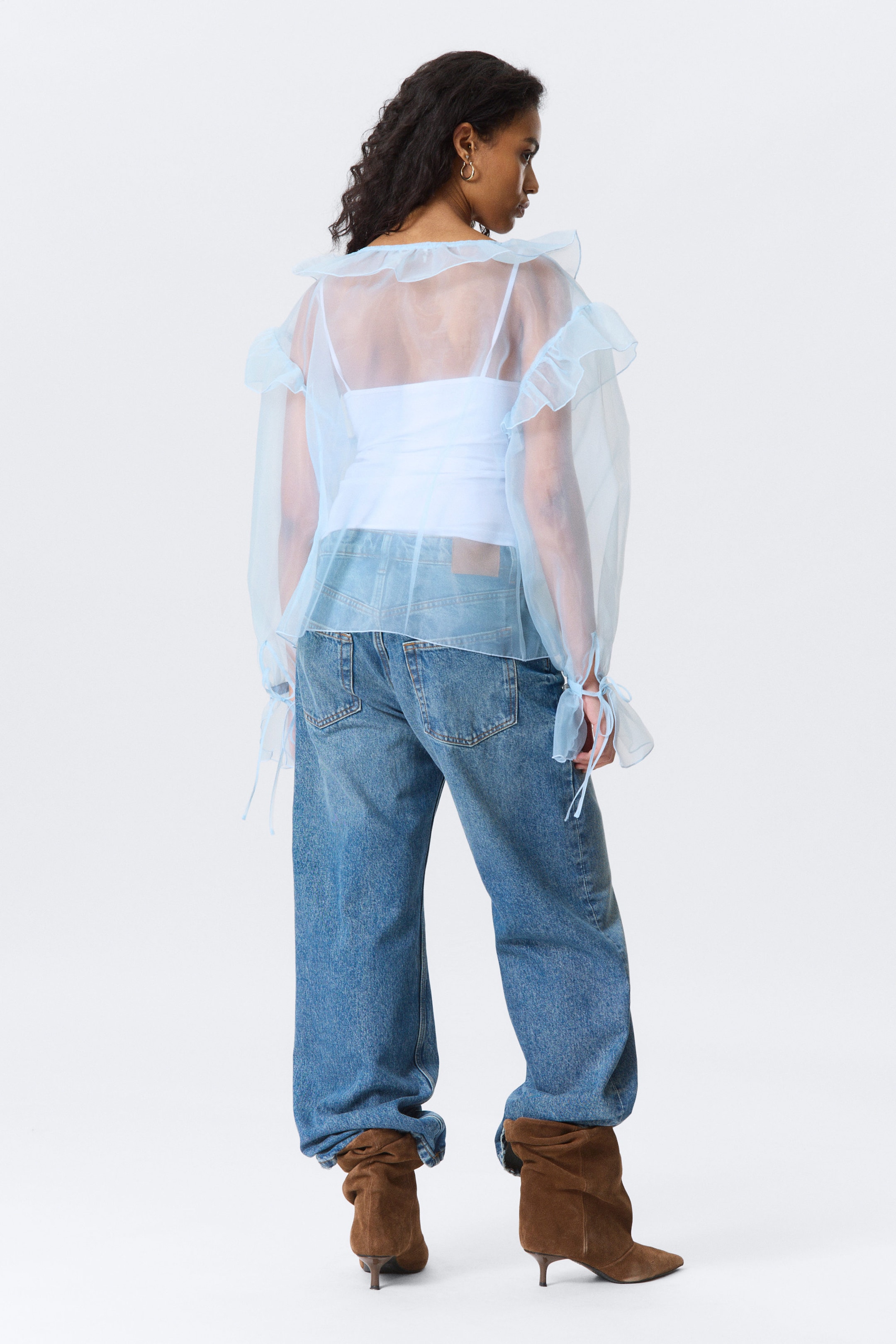 Light Blue - Transparent Frilled V-neck Blouse - 4