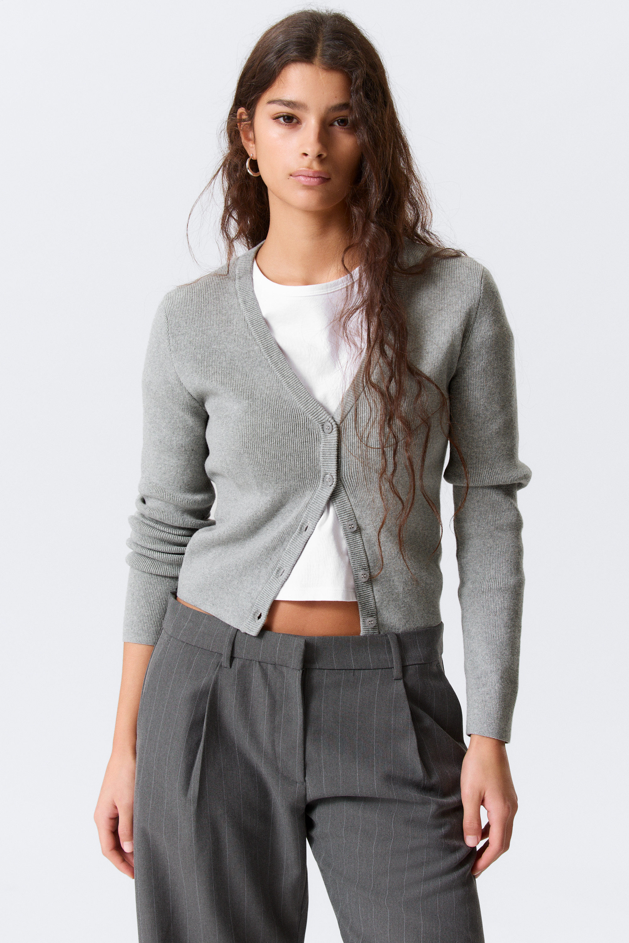 Grey Melange - Cropped Knitted V-neck Cardigan - 1