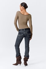 Beige/Black Stripe - Long-Sleeved Slim Fit Scoop Neck Top - 2