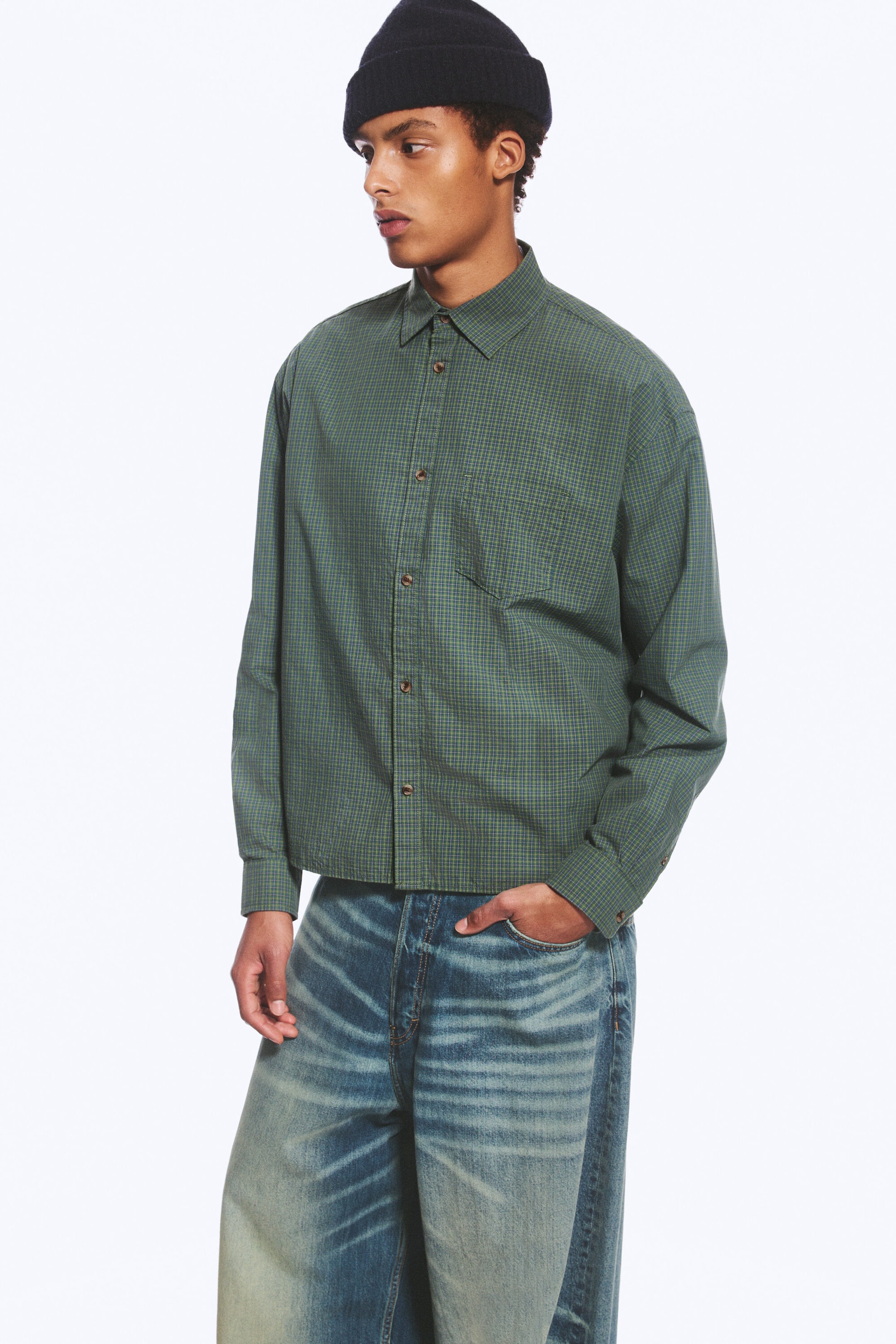 Checked Green - Boxy Long-Sleeved Cotton Poplin Shirt - 8
