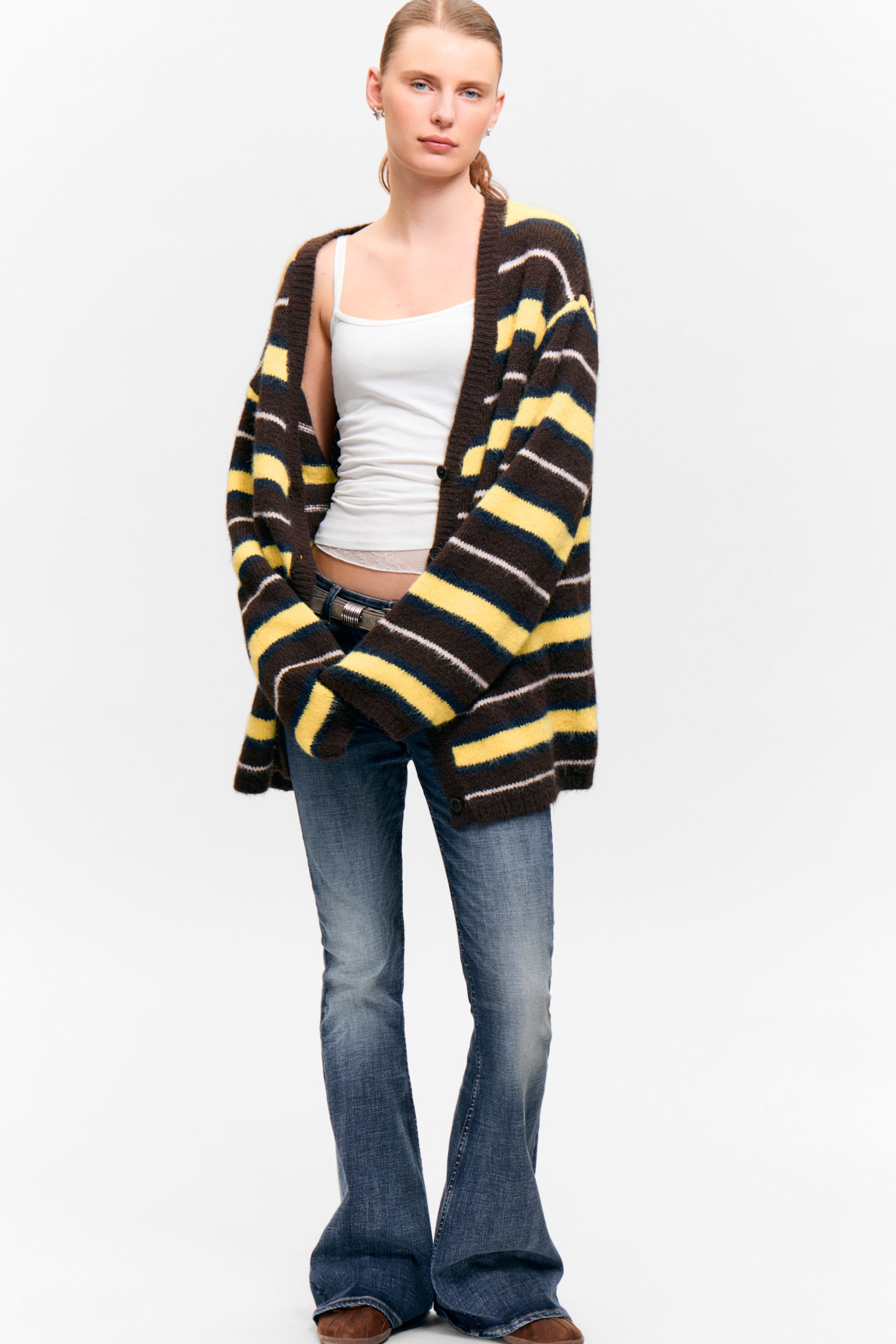 Dark Brown & Yellow Stripes - Soft Knit V-Neck Cardigan - 2