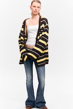 Dark Brown & Yellow Stripes - Soft Knit V-Neck Cardigan - 1