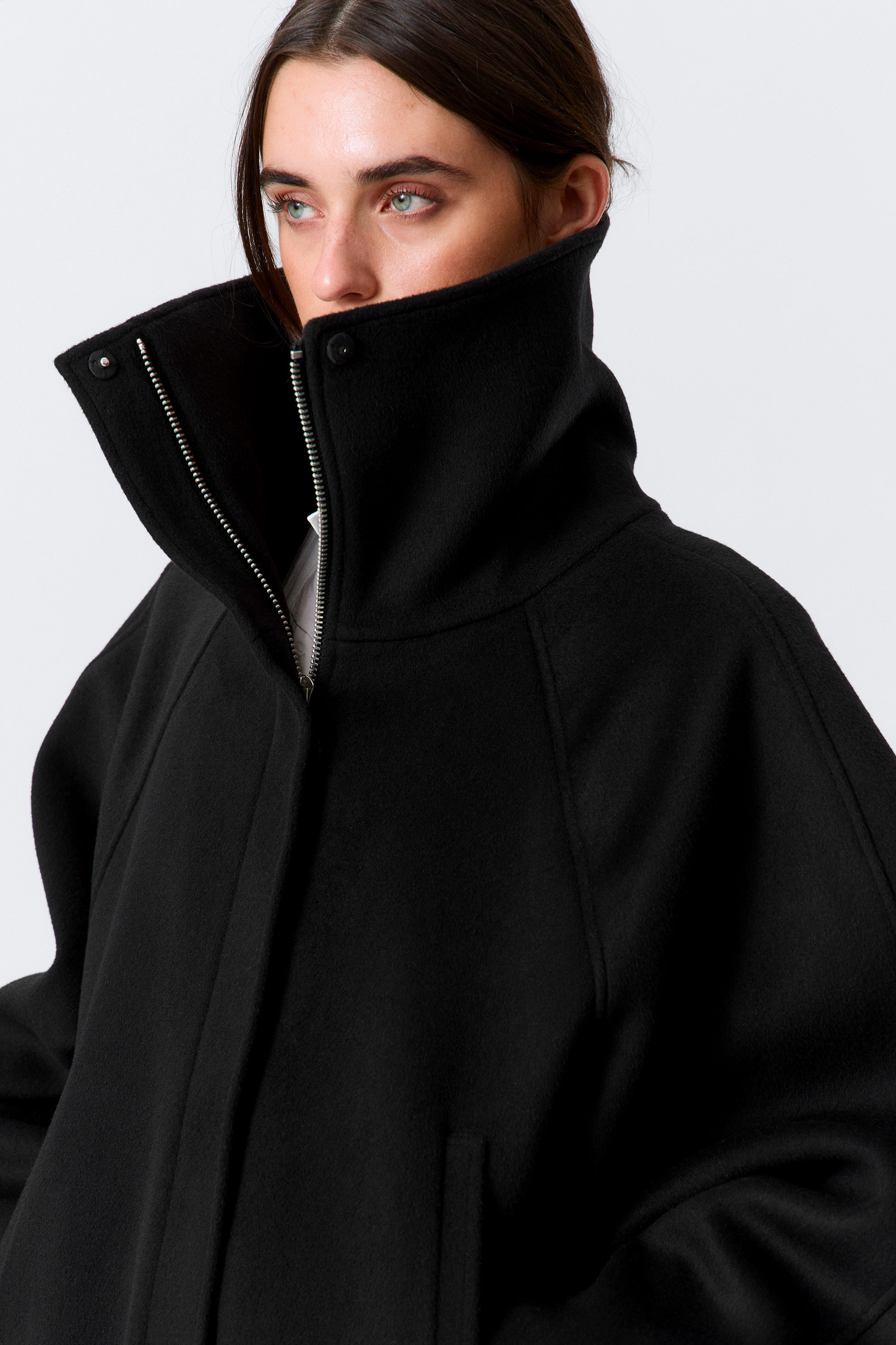 Black - Loose Fit Wool Jacket with Raglan Sleeves - 2