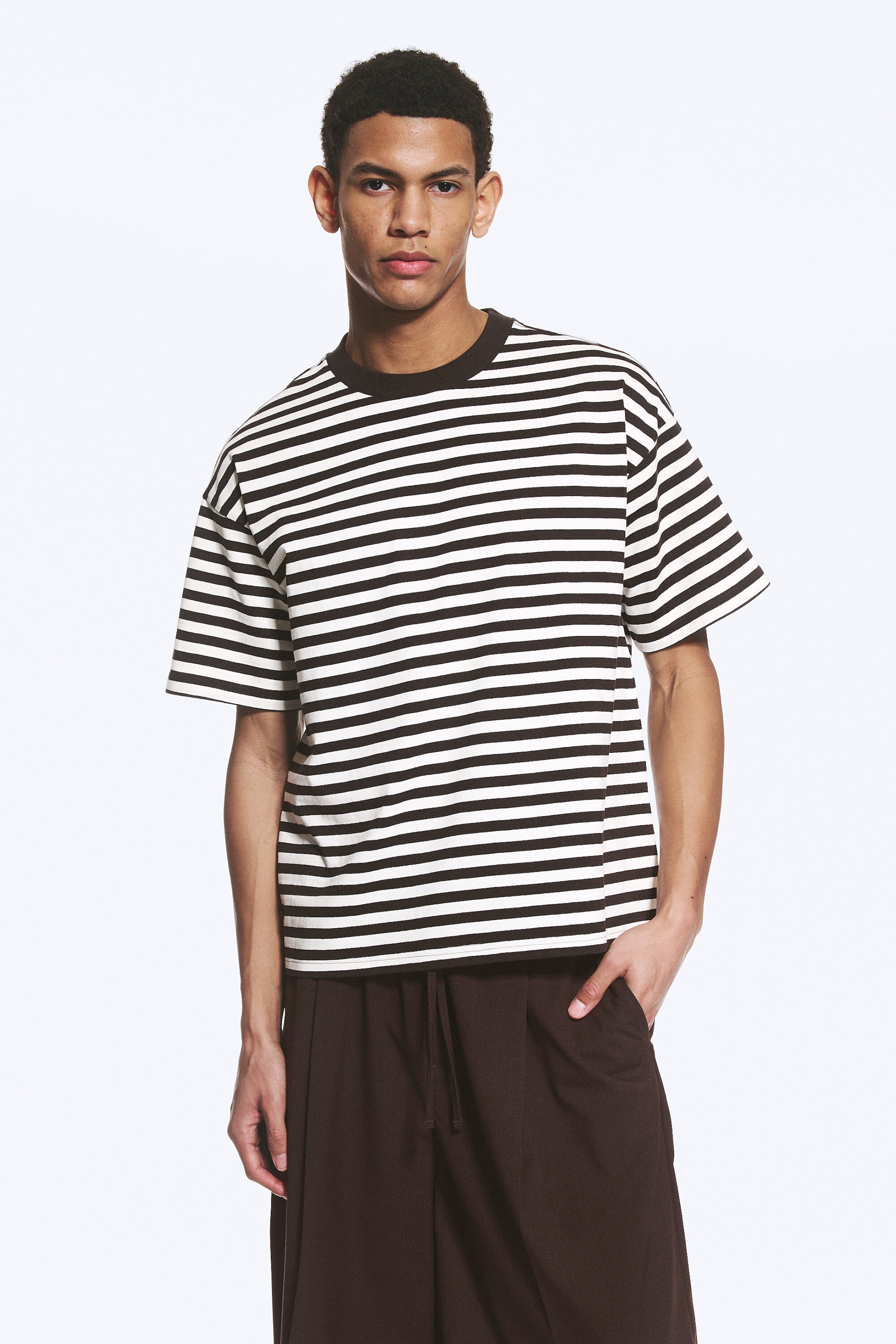White & Dark Brown Stripes - Loose Boxy T-shirt - 1