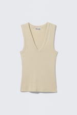 Light Beige - Ribbed V-neck Tank Top - 0