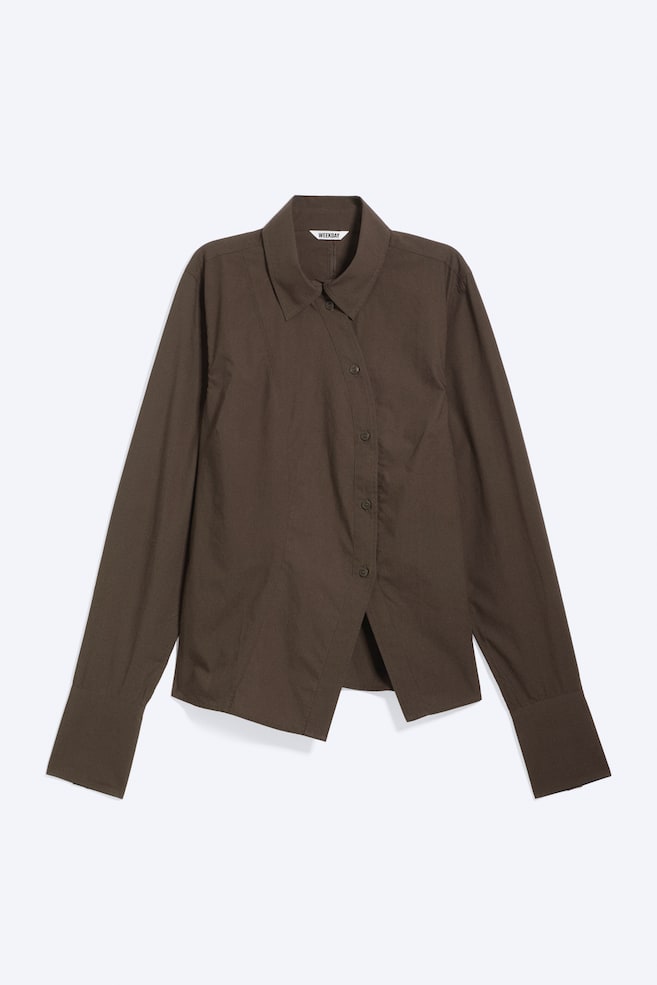 Asymmetrisch getailleerd overhemd van popeline - Donkerbruin/Wit/Dark Grey - Blue Stripe - 1