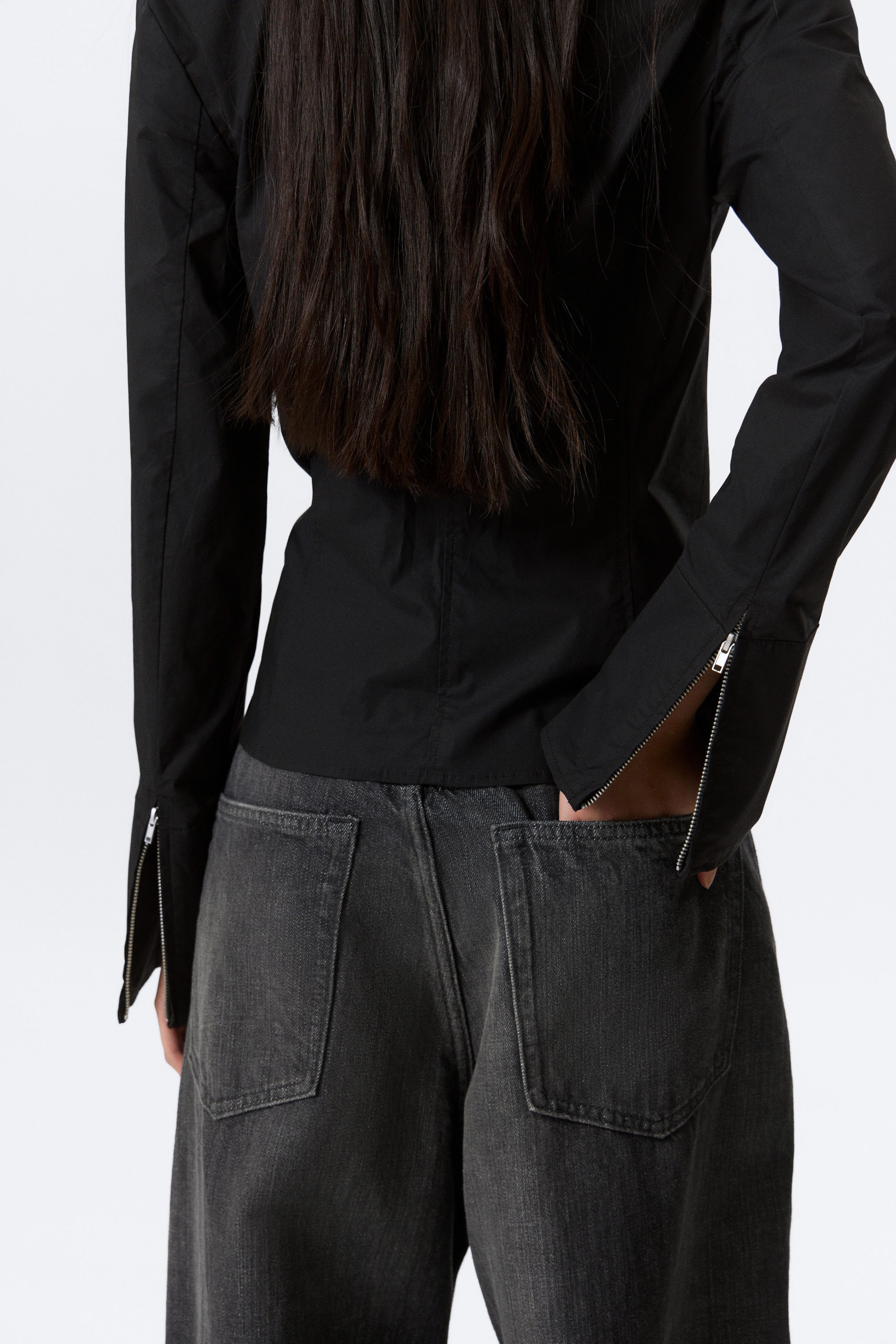 Black - Long-Sleeved Fitted Zip Shirt - 3