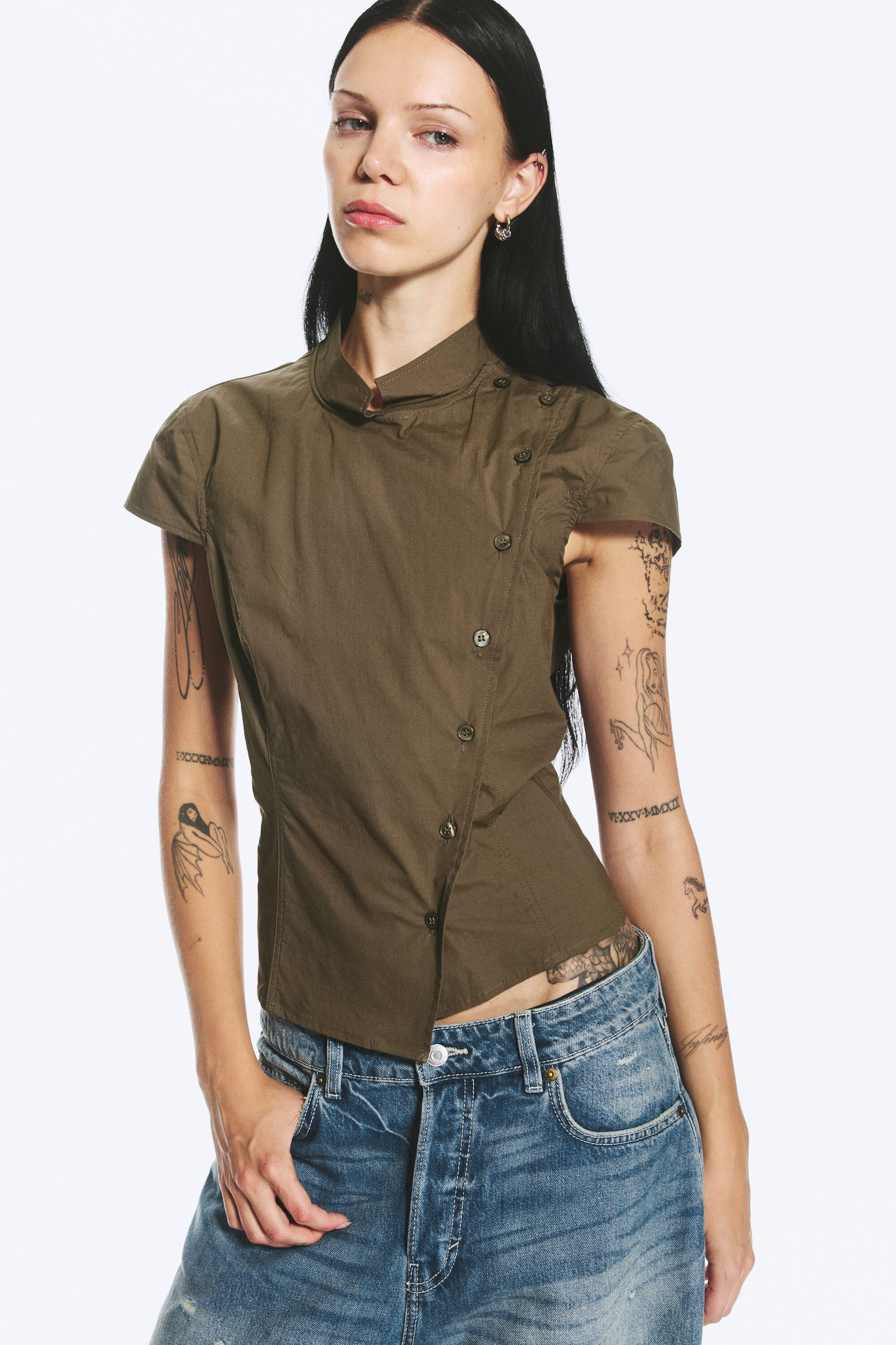 Dark Khaki Green - Asymmetrisk knappet topp - 1