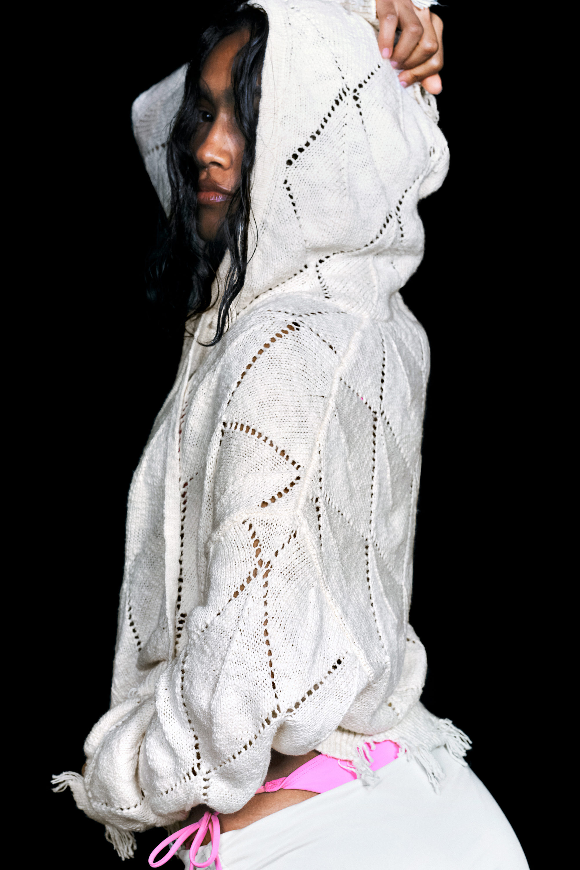 Off-white - Cropped Pointelle Knit Zip Hoodie - 2