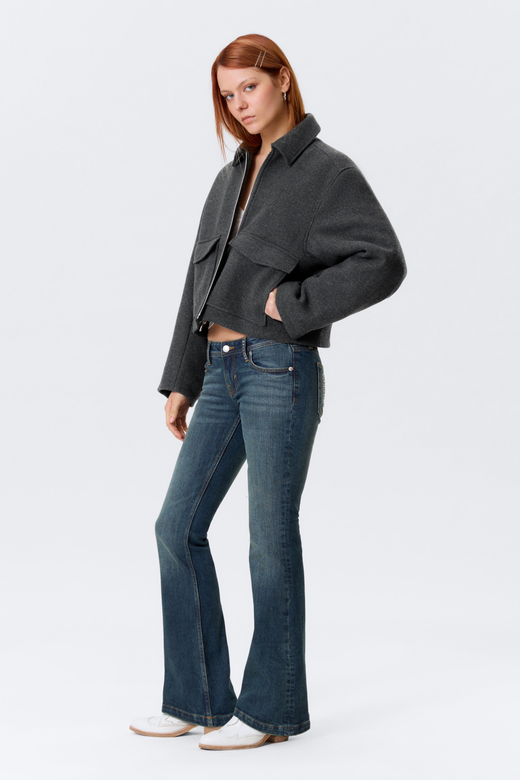 Dark Grey Melange - Cropped Boxy Zip Jacket - 2