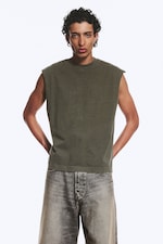 Gewaschenes dunkles Khakigrün - Lockeres, quadratisches Baumwoll-Tanktop - 0