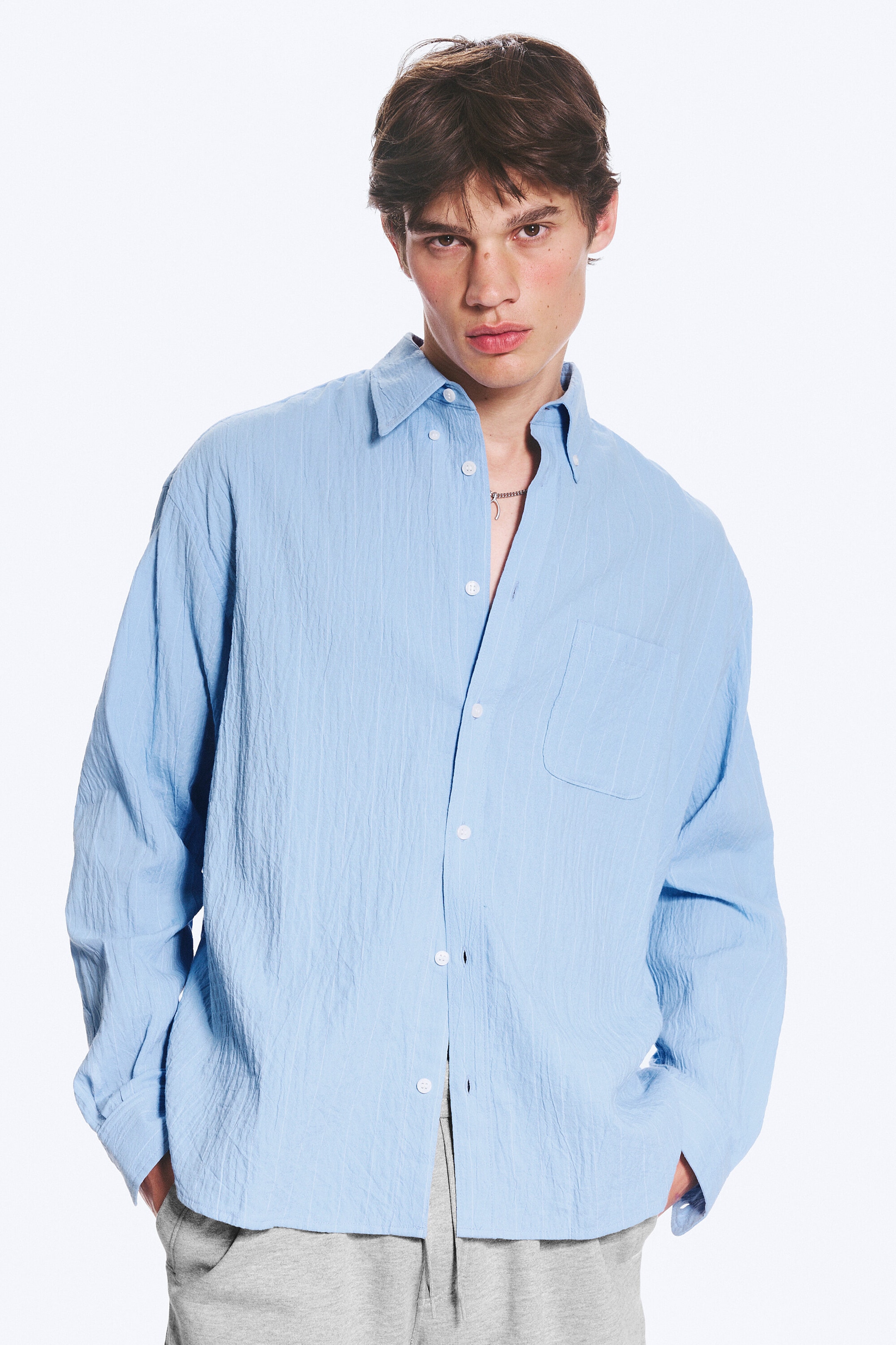 Striped Light Blue - Loose Structured Buttoned Shirt - 1