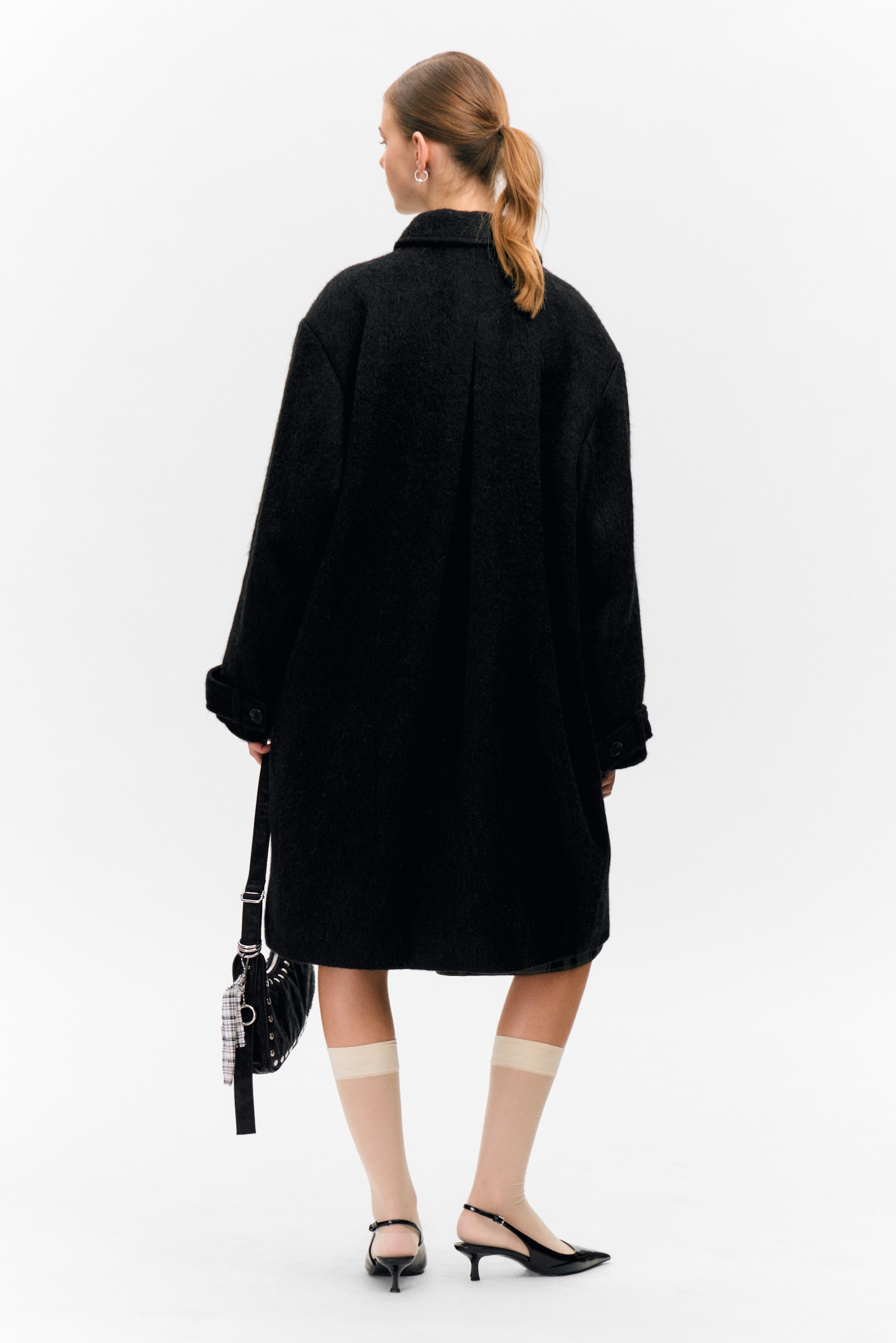 Knee-Length Single-Breasted Coat - Black/Dusty Dark Grey Melange/Dusty Mole Check - 4
