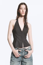 Dark Grey - Tie-Back Hook-and-Eye Halterneck Top - 0