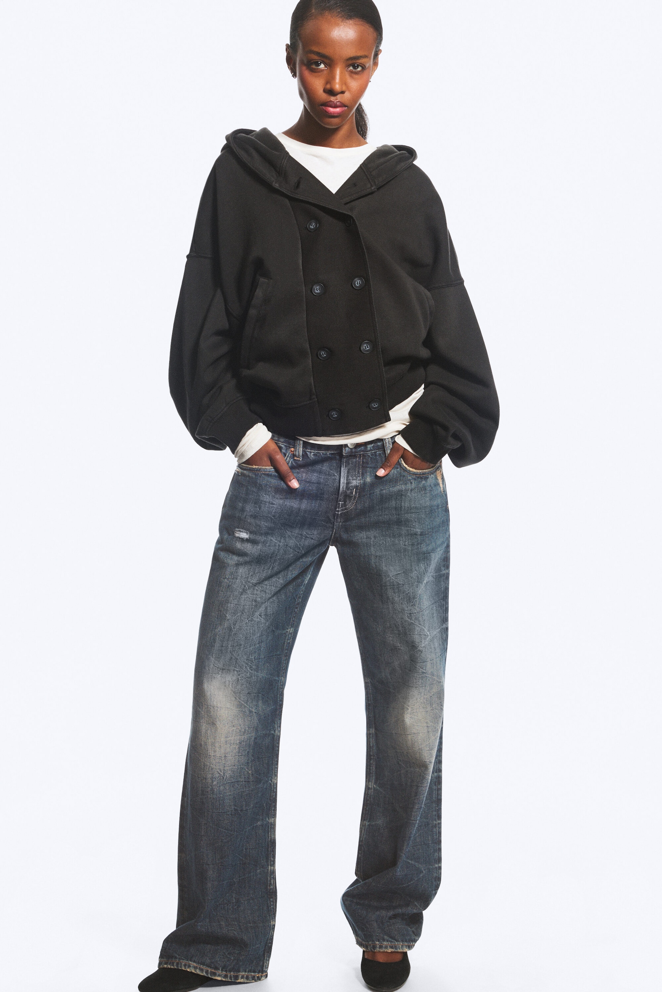 Zwart - Oversized Double-Breasted Hoodie - 2