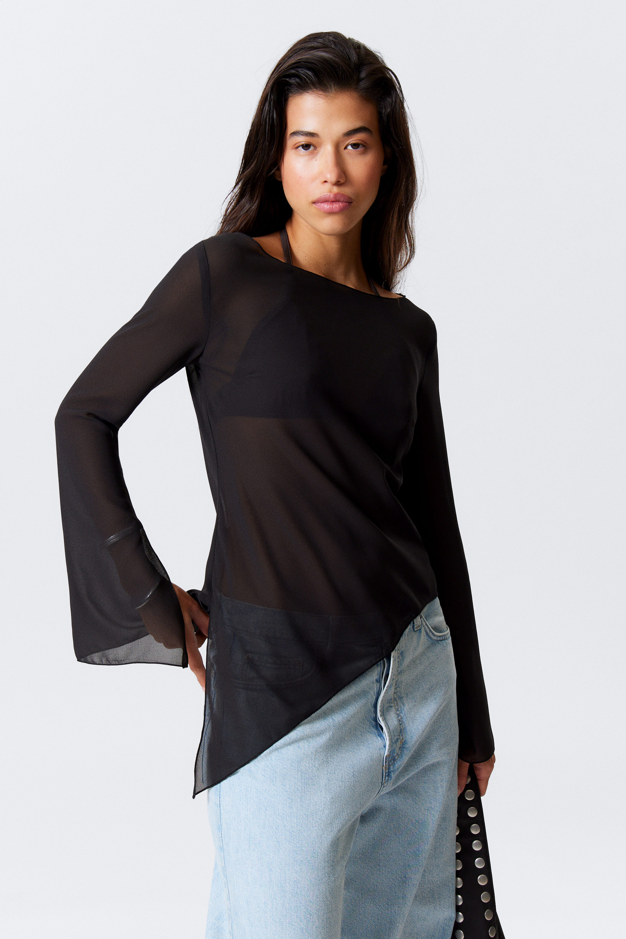 Black - Sheer Asymmetric Long-Sleeved Blouse - 1