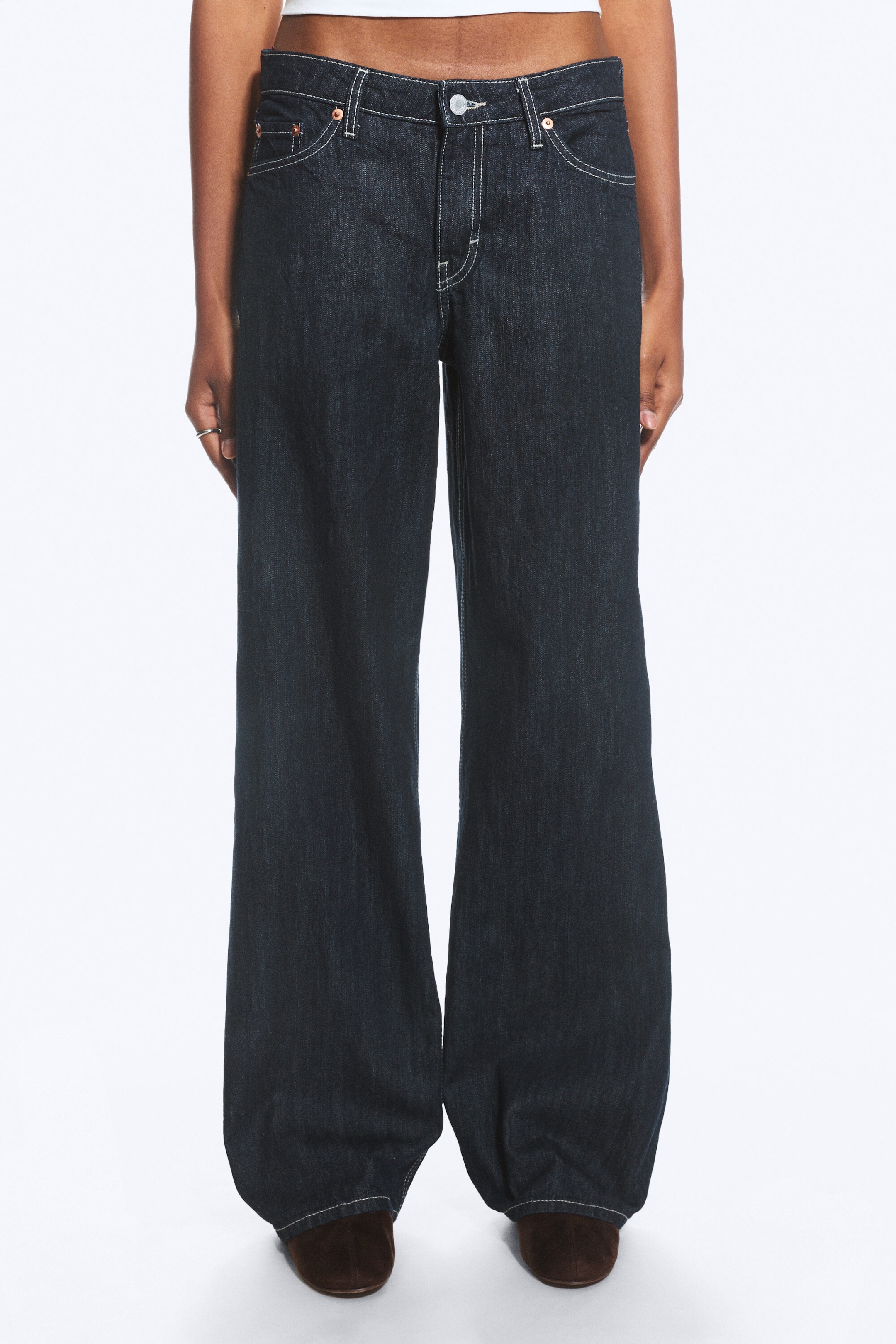 Blue Rinse - Dark Blue - Ample Low Rise Loose Wide Jeans - 2