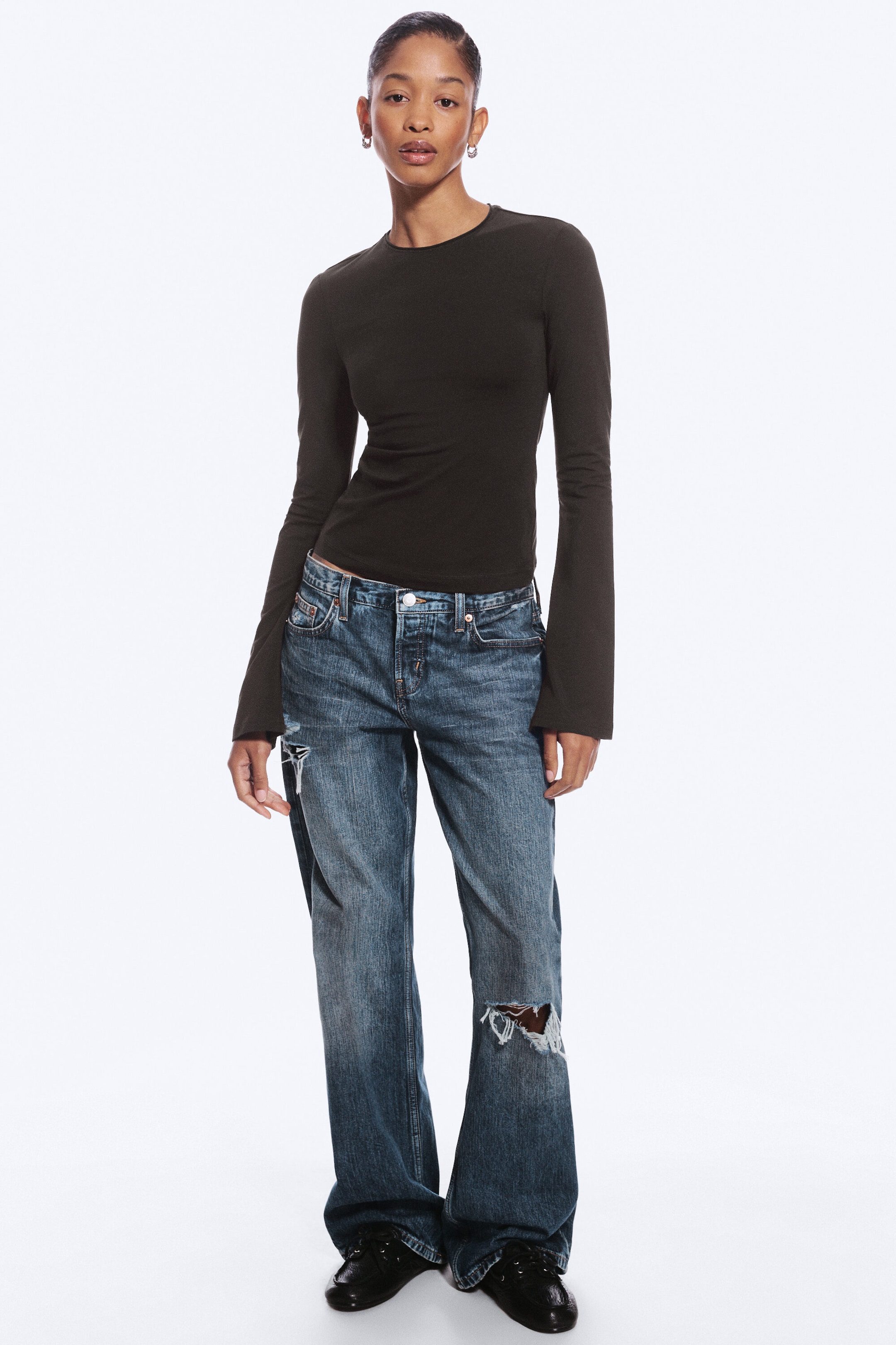 Dark Brown - Long Sleeve Cotton Top - 1