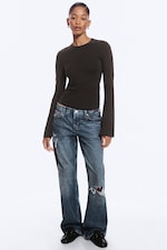 Dark Brown - Long Sleeve Cotton Top - 1