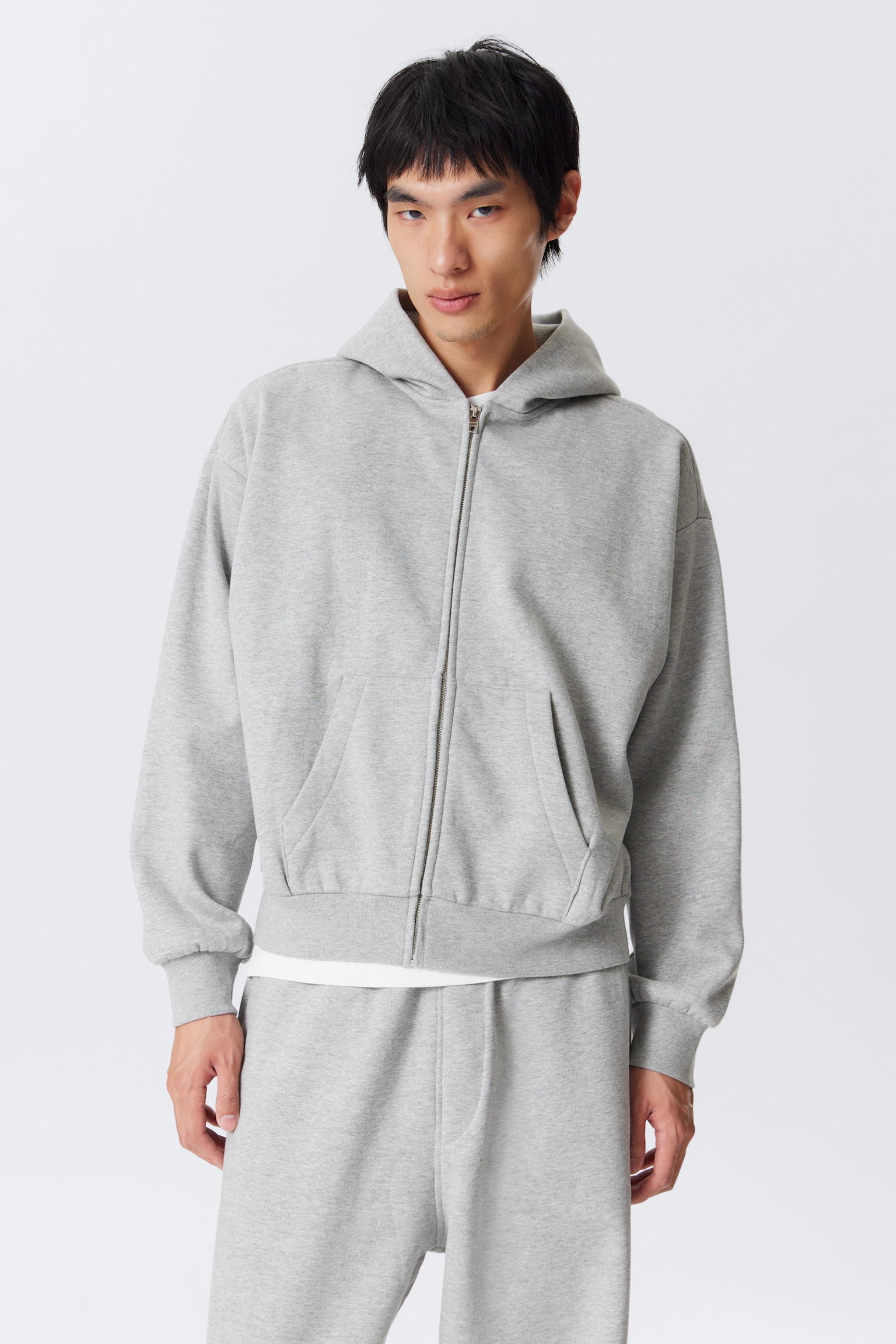 Loose Fit Zip Hoodie - Grey Melange/Dark Brown/Black - 6