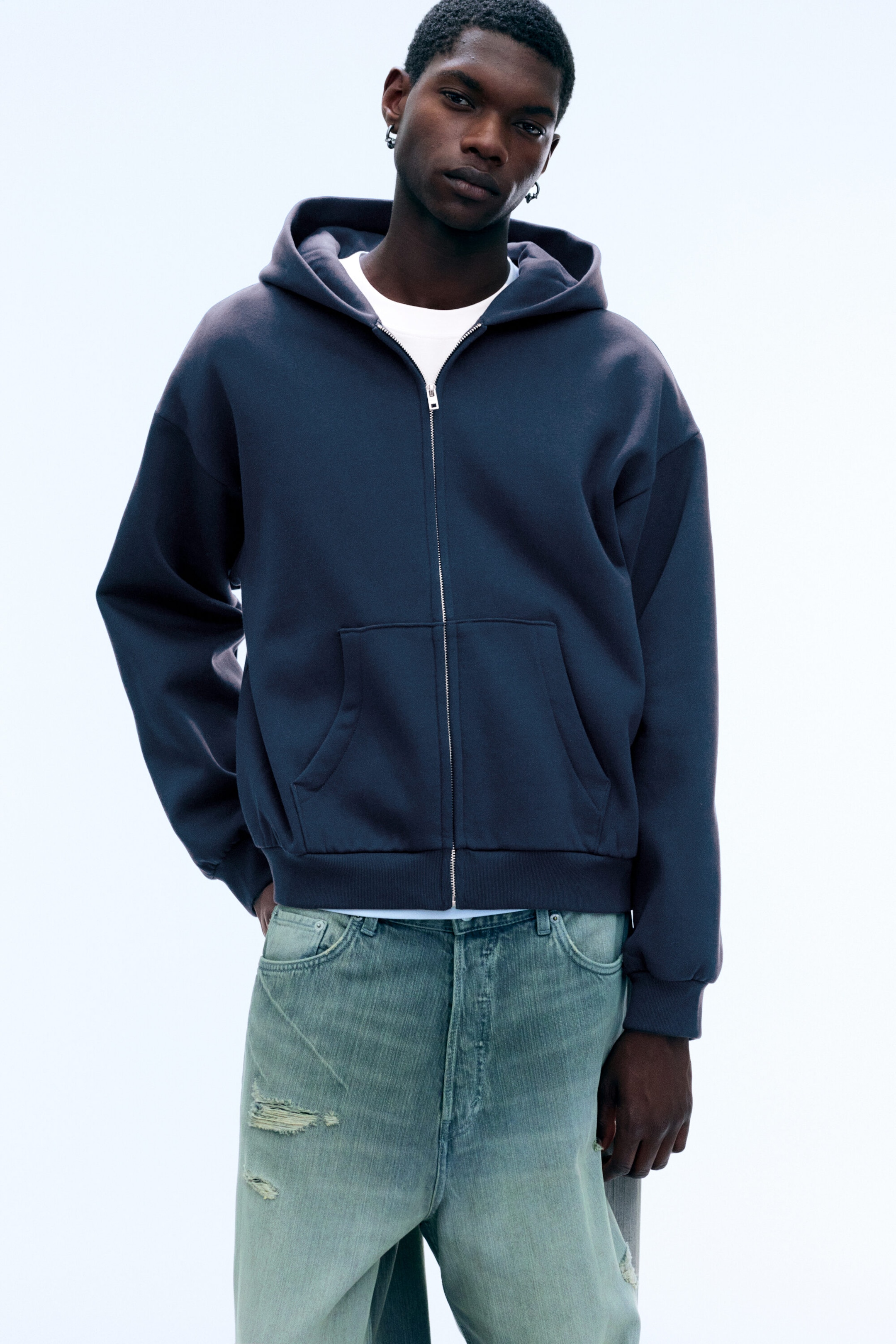 Dark Blue - Loose Fit Zip Hoodie - 2