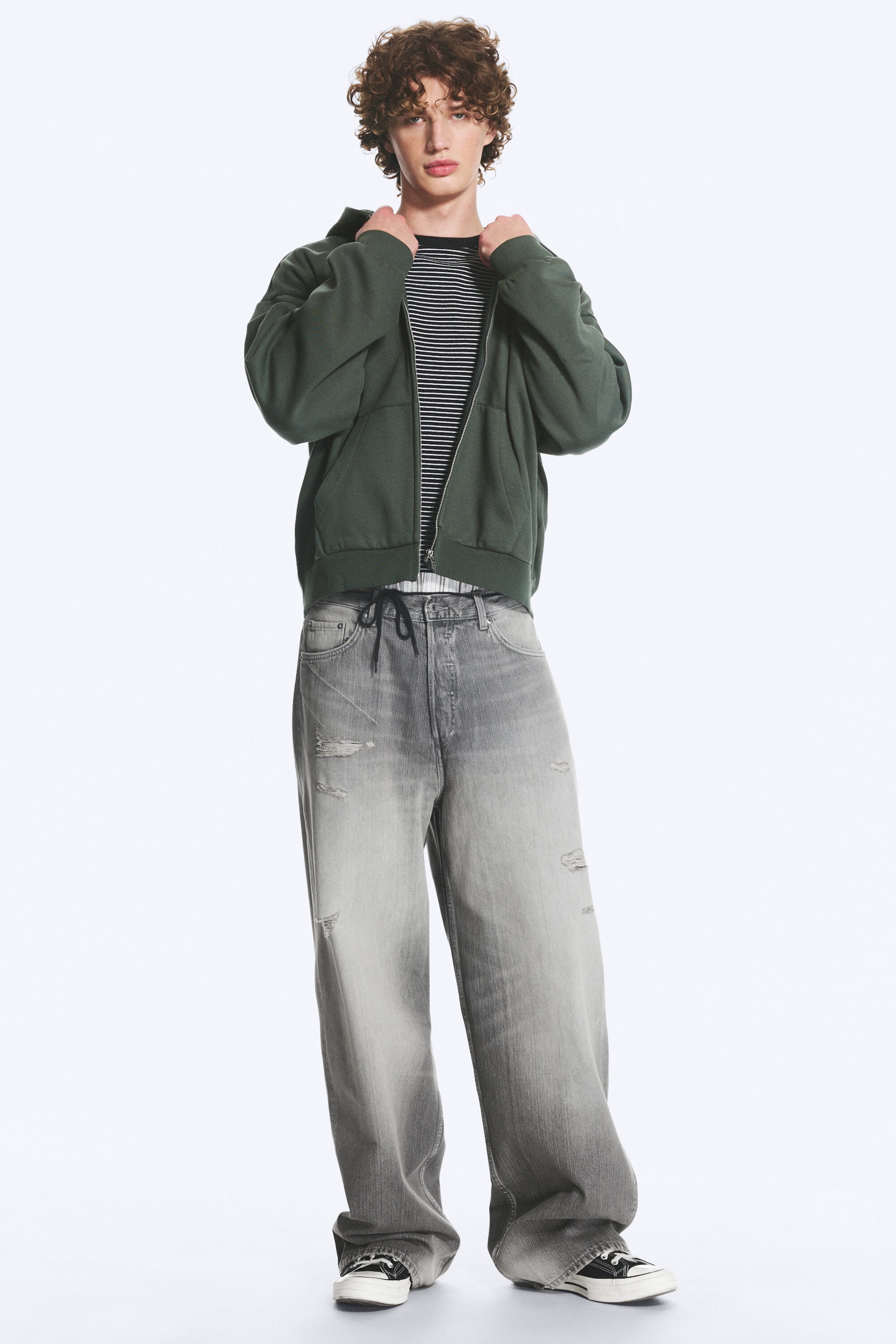 Dark Green - Loose Fit Zip Hoodie - 2
