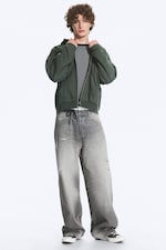 Dark Green - Loose Fit Zip Hoodie - 1
