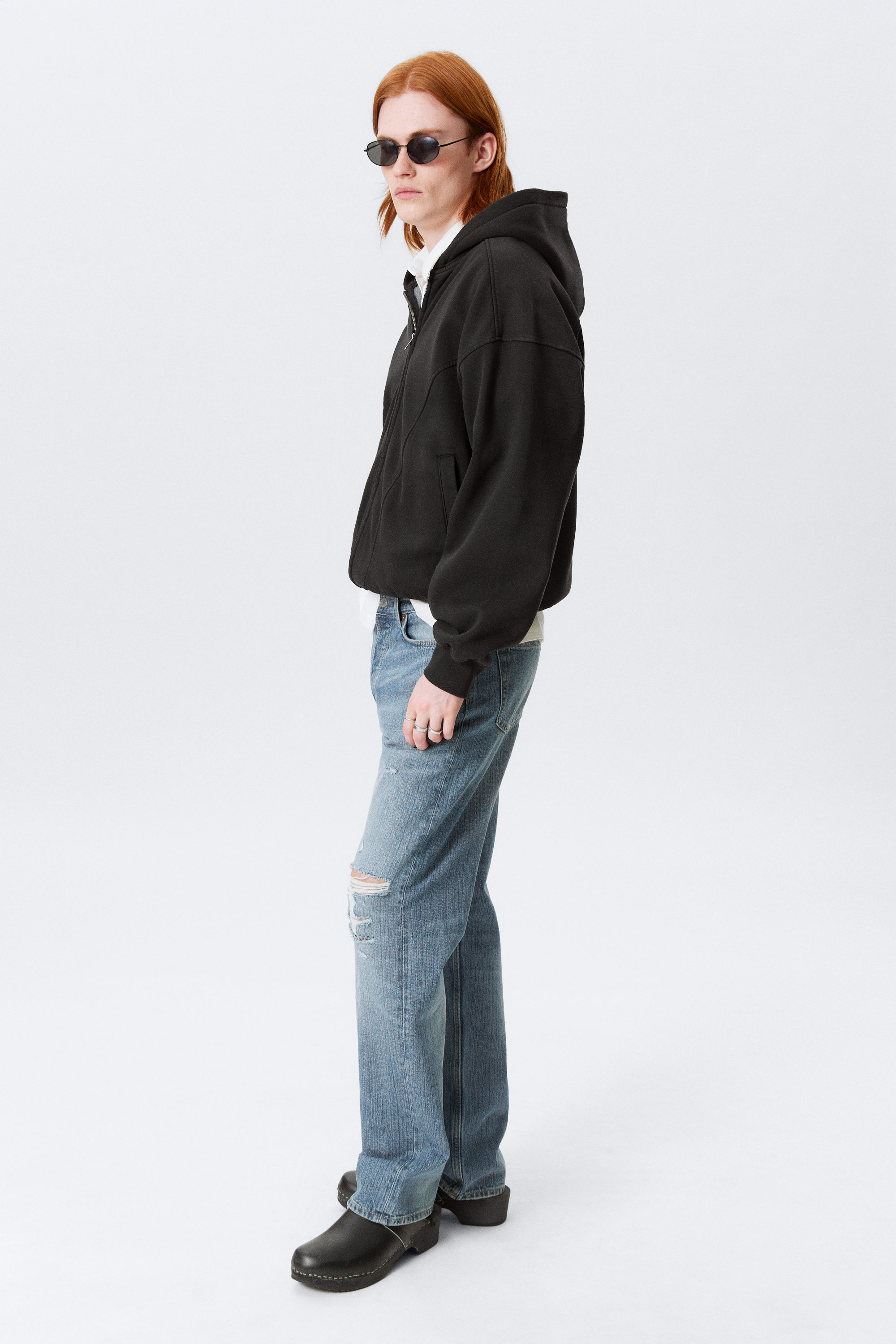 Svart - Rund oversized hoodie med dragkedja - 3