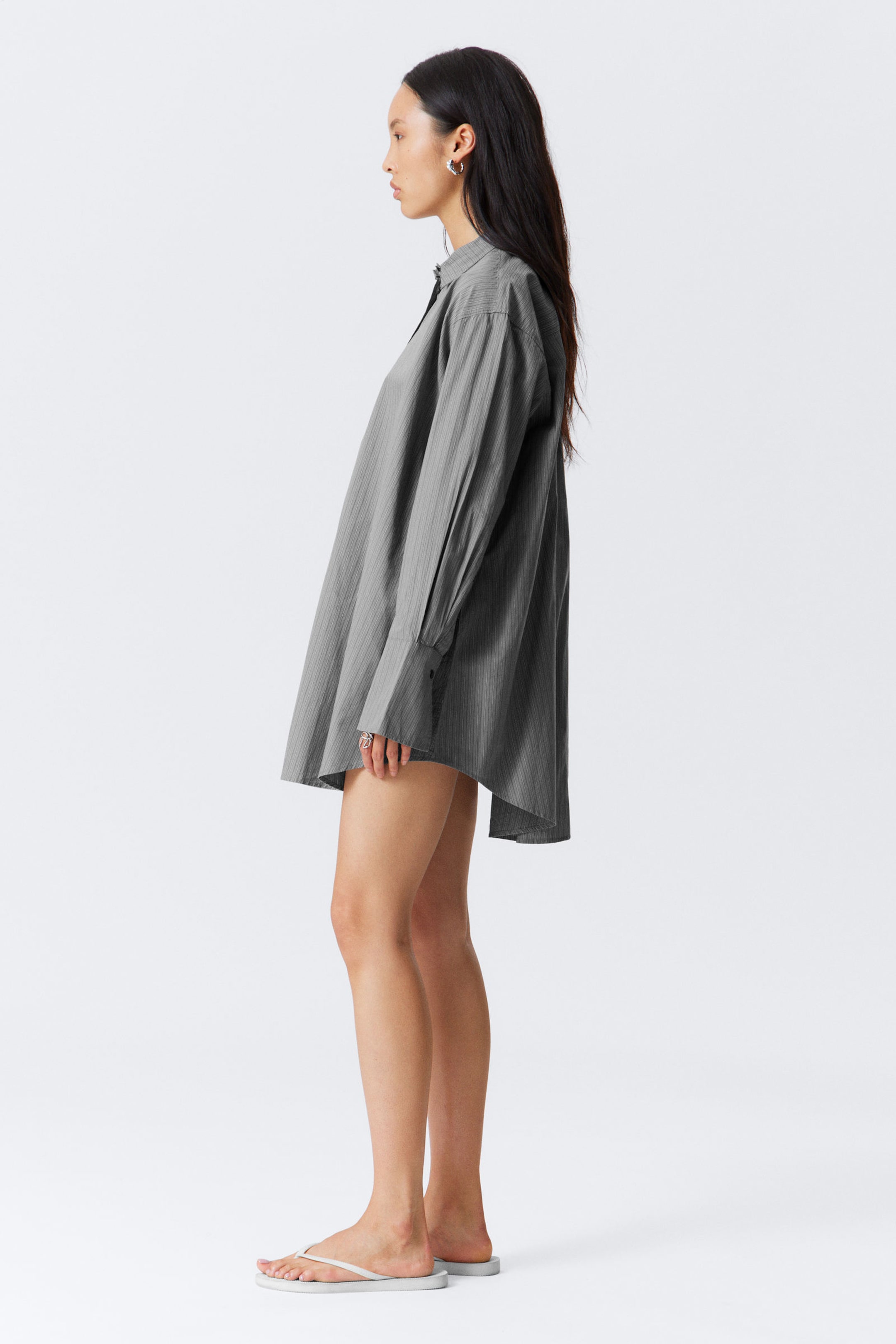 Striped Grey - Mini Cotton Poplin Shirt Dress - 3