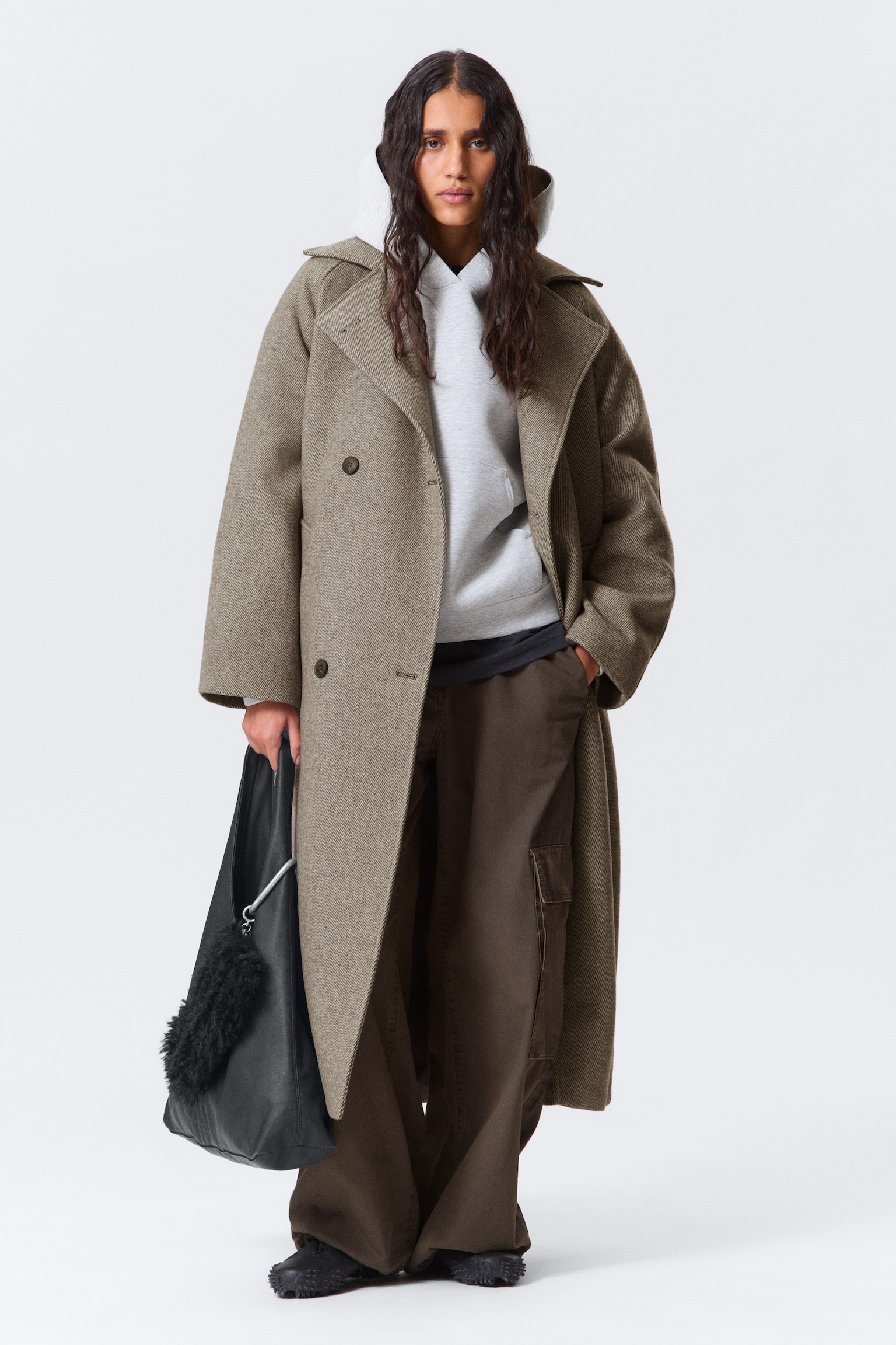 Cappotto doppiopetto in misto lana Kia Oversized - Beige chiaro/Grigio scuro mélange/Nero