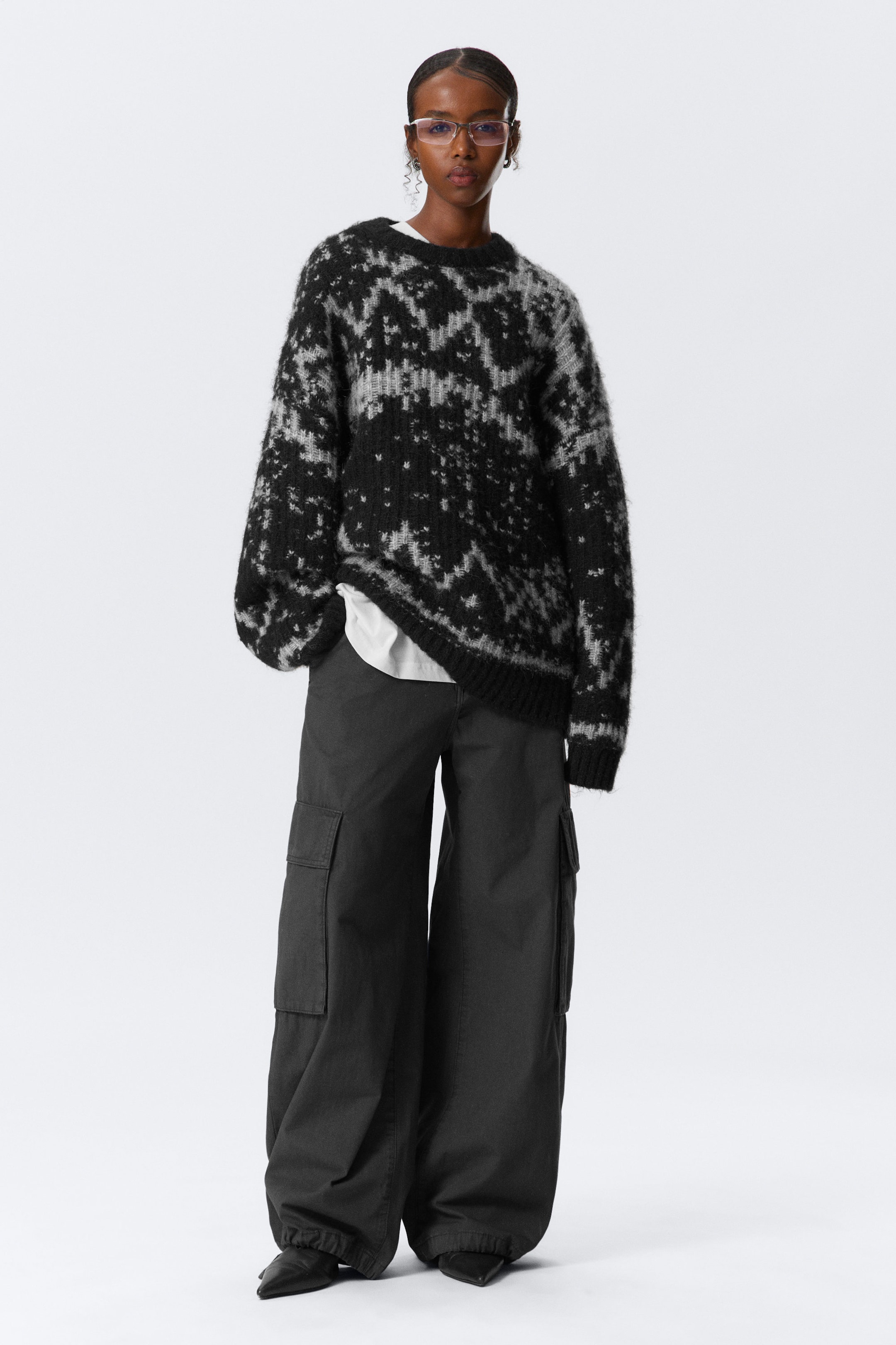 Dusty Black & Grey Haze - Oversized Fair Isle Knit Sweater - 2