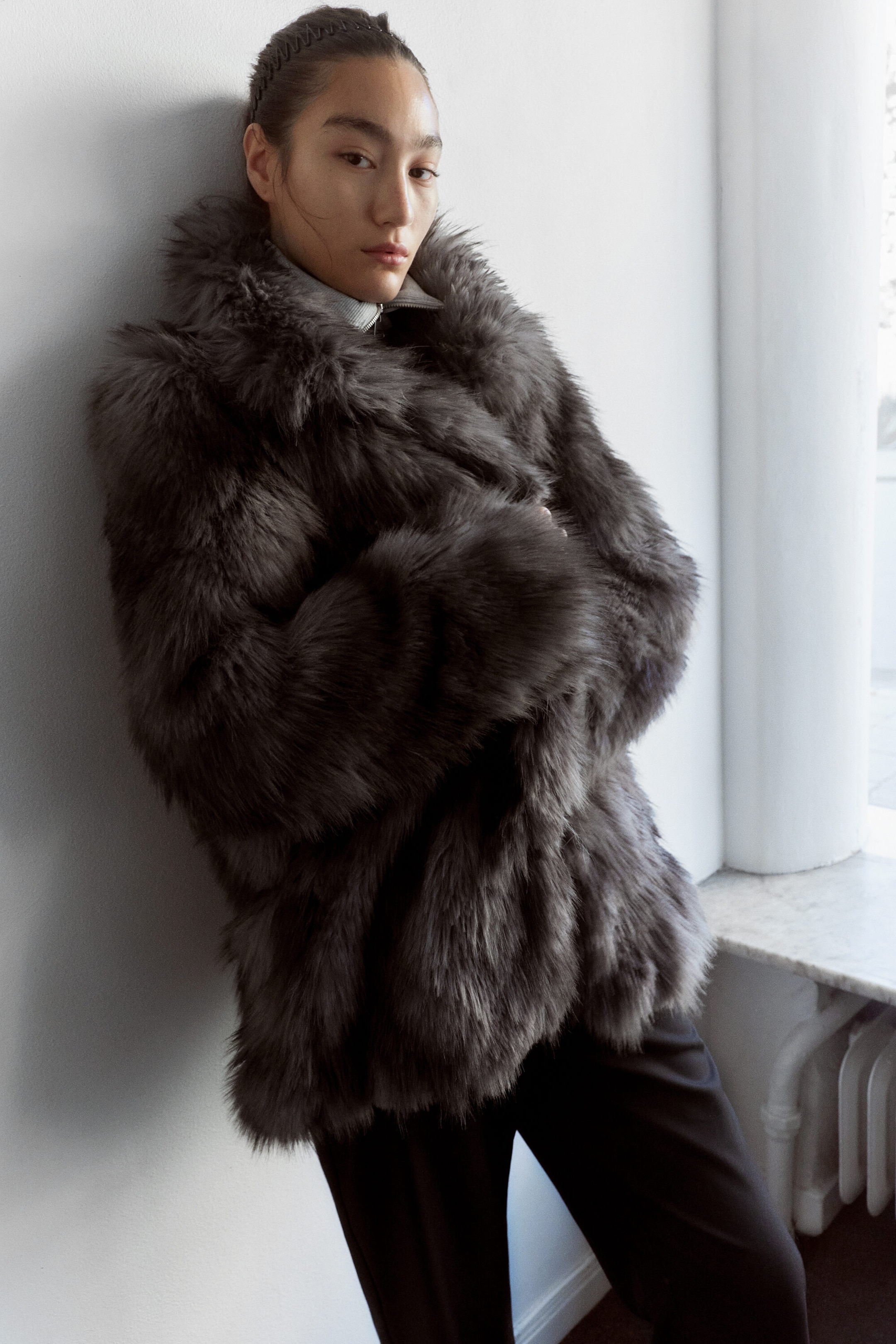 Dark Grey - Relaxed faux fur jacket - 1