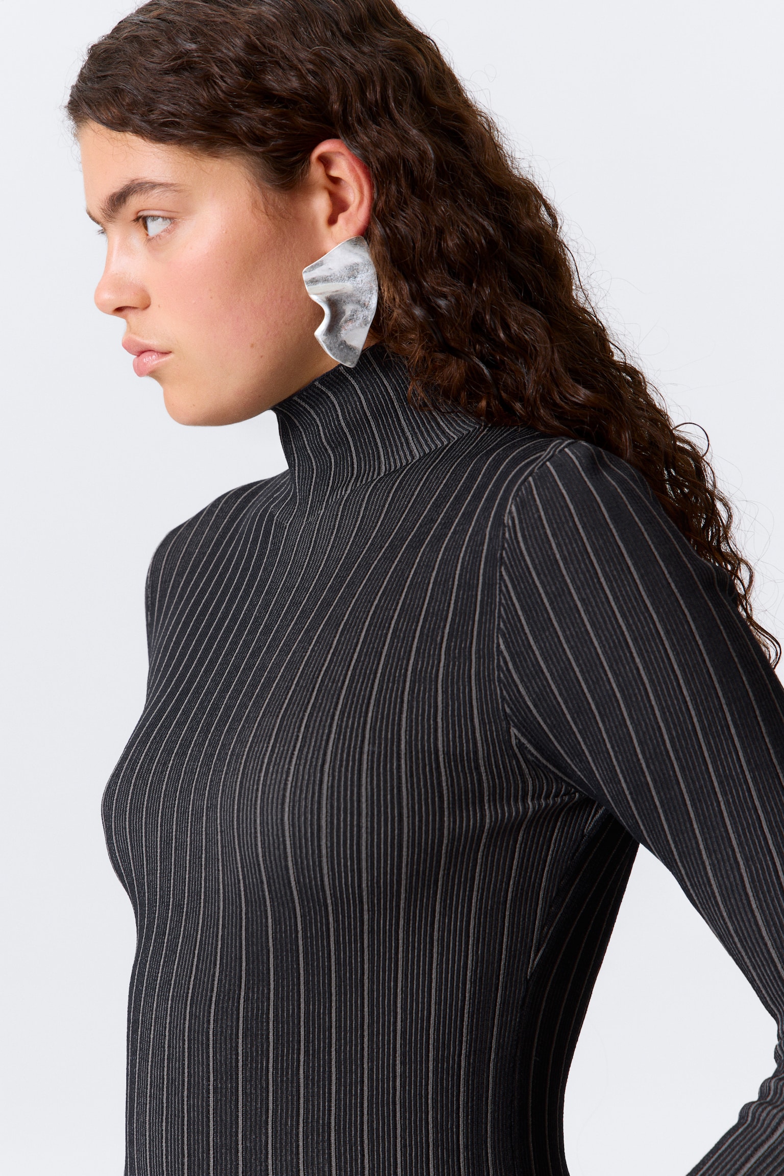 Ribbed Fitted Turtleneck - Dark Blue Stripe - 5