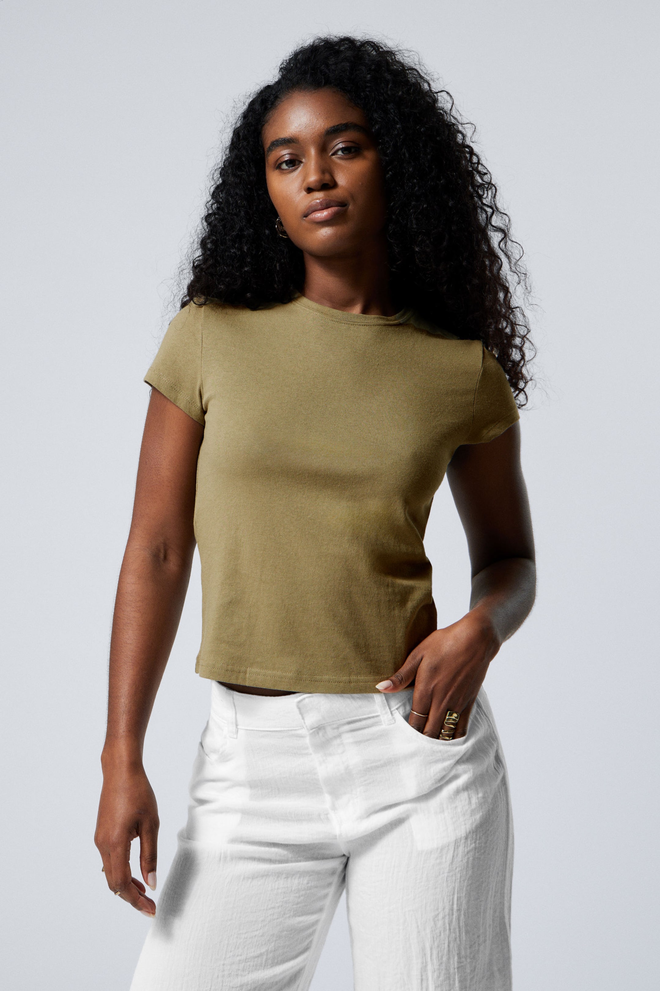 Khaki Green - Slim Short-Sleeved Cotton T-shirt - 1