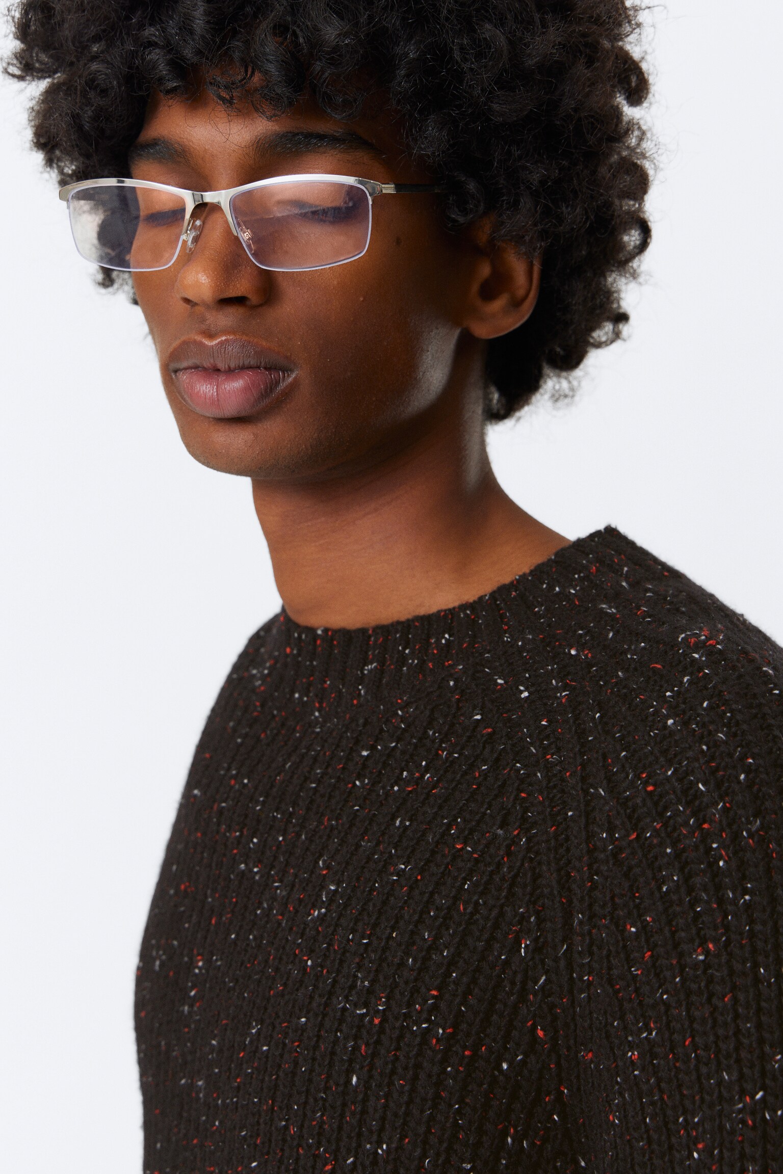 Relaxed Fit Nepped Knit Sweater - Black/Dusty Ecru Melange - 4