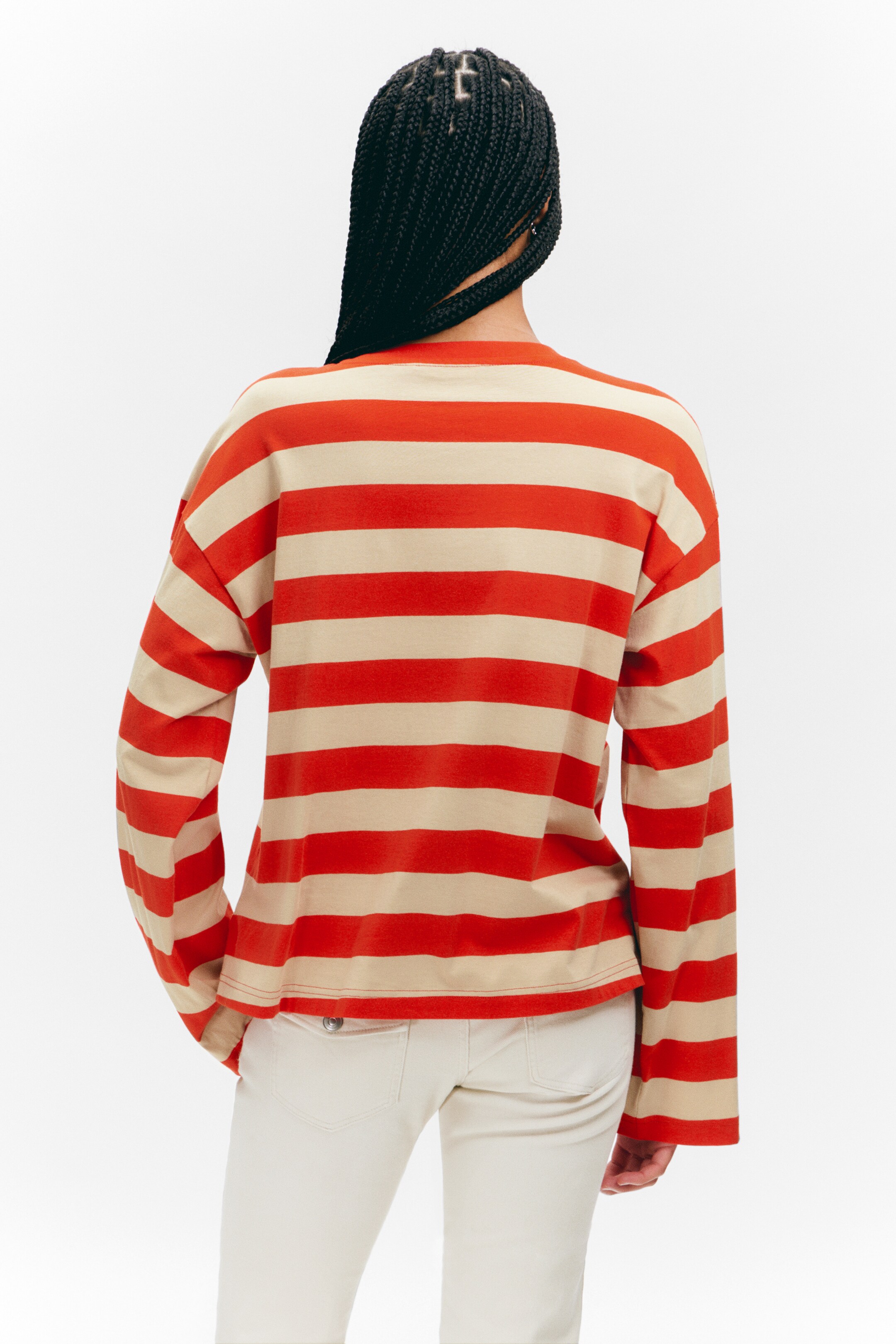 Ingrandisci l'immagine: Long-Sleeved Cotton T-shirt - Bright Red & Beige Stripes - DONNA | H&M CH 3