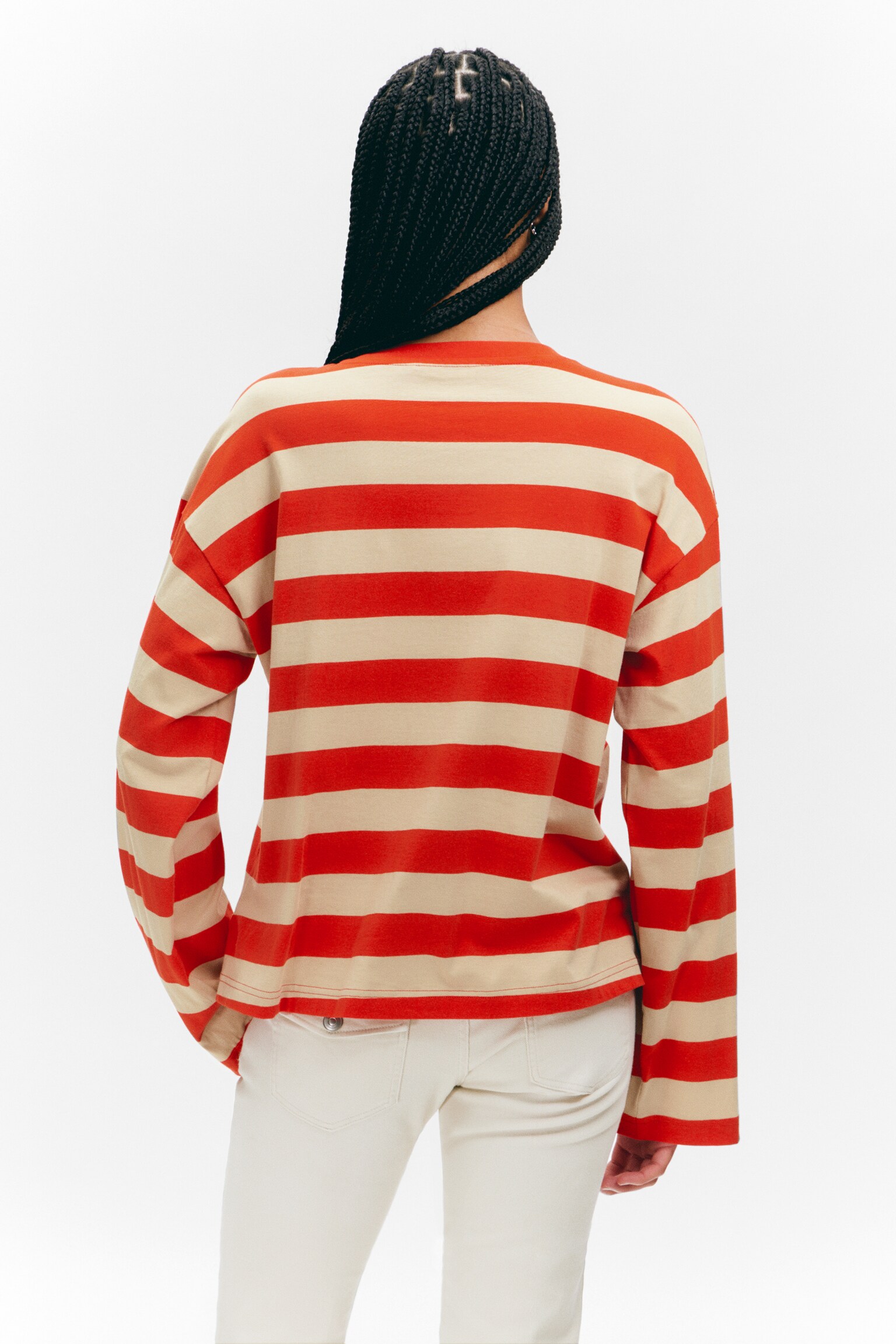 Long-Sleeved Cotton T-shirt - Bright Red & Beige Stripes/Pink Stripes/Blue & Burgundy Stripes - 4