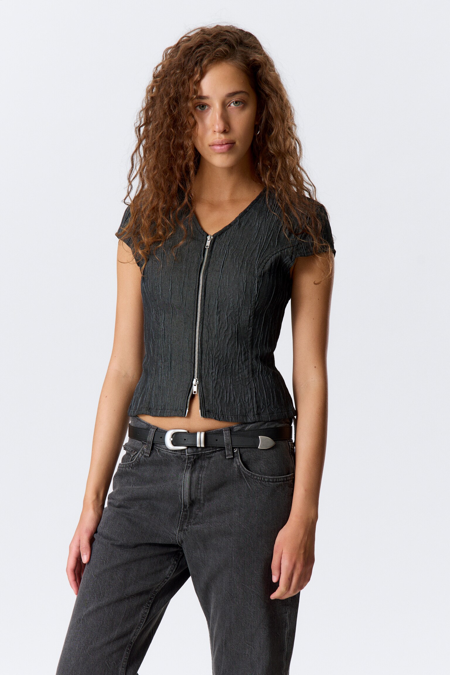 Structured Zip V-Neck Top - Dark Blue - 1