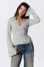 Light Grey - Textured Long-Sleeved Wrap Shirt - 0