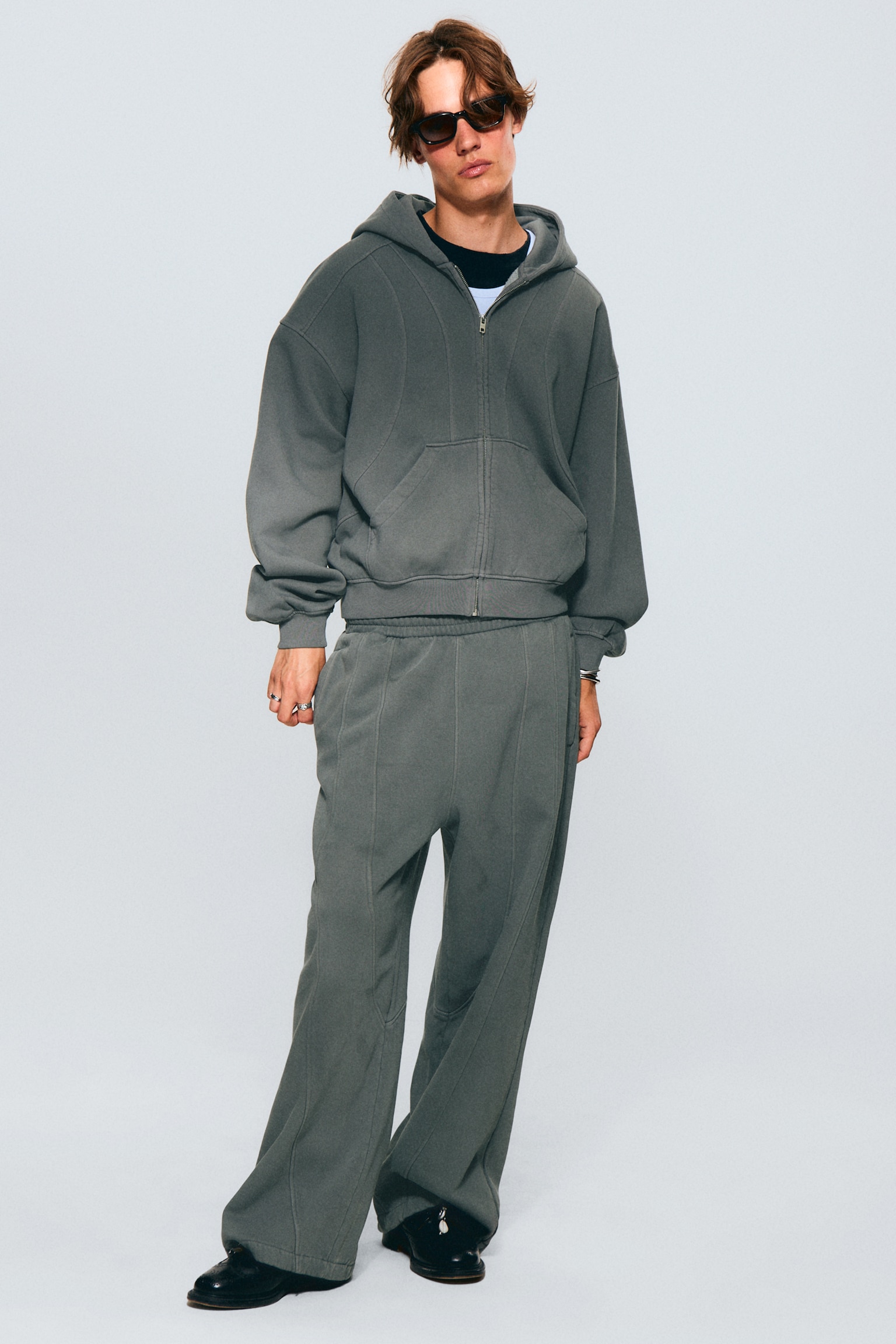 Loose Fit Blocked Zip Hoodie - Szürke/Koptatott fekete - 3