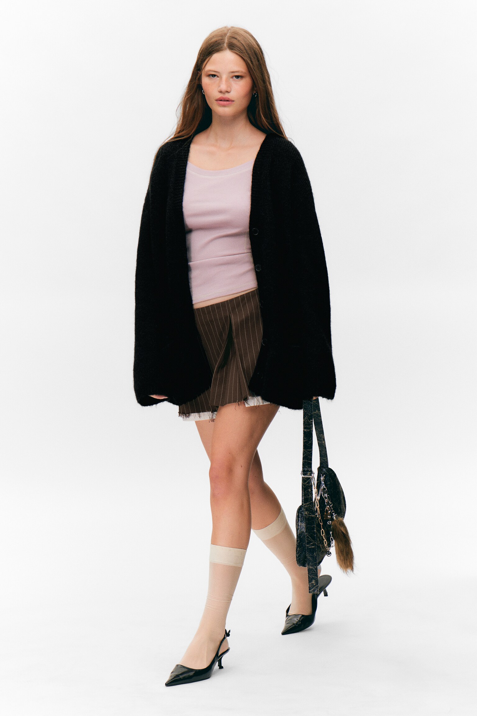 Soft Knit V-Neck Cardigan - Black/Dark Brown & Yellow Stripes/Dusty Beige/Plum/Green/Beige Stripe - 6