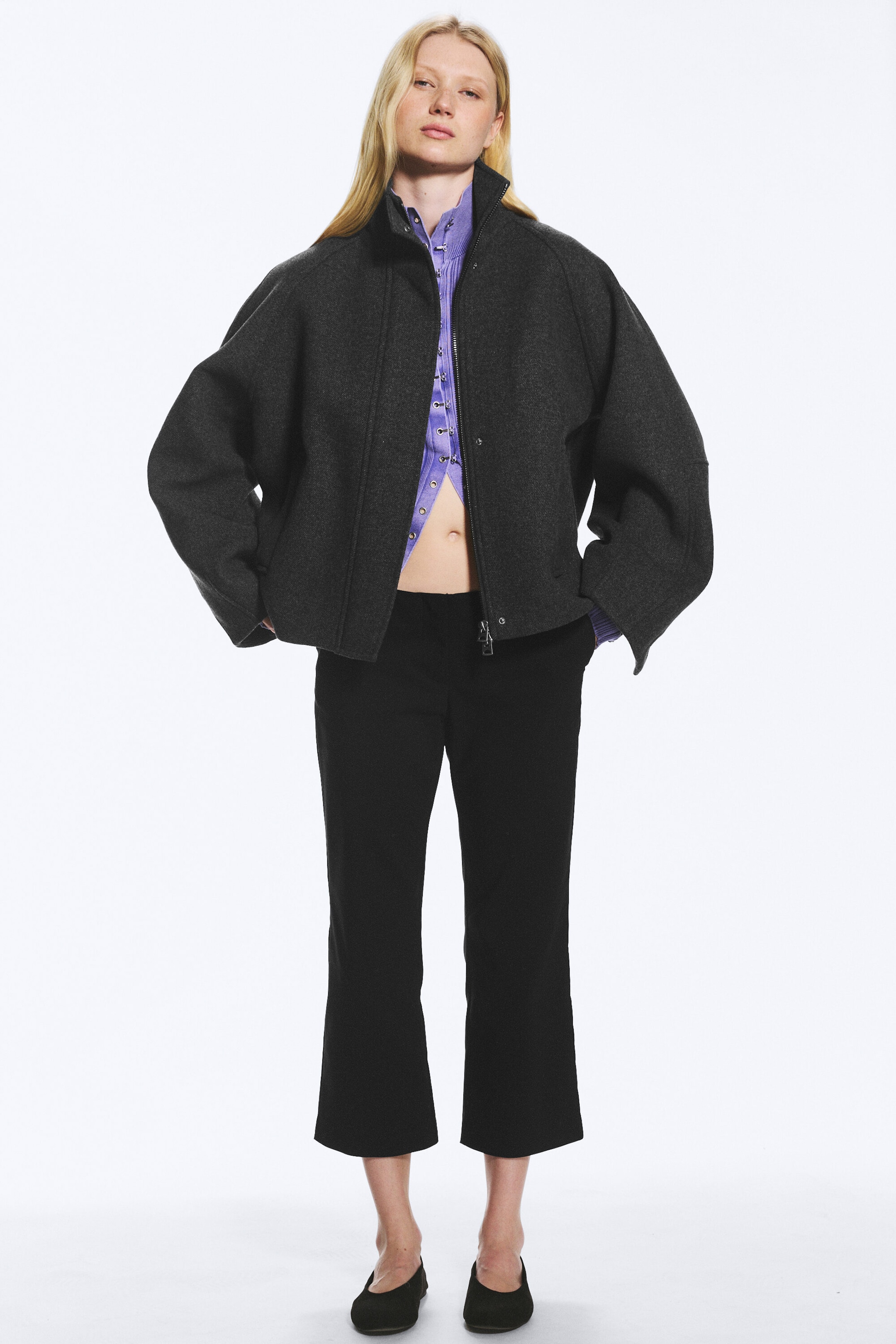 Dark Grey Melange - Wool-blend funnel jacket - 3
