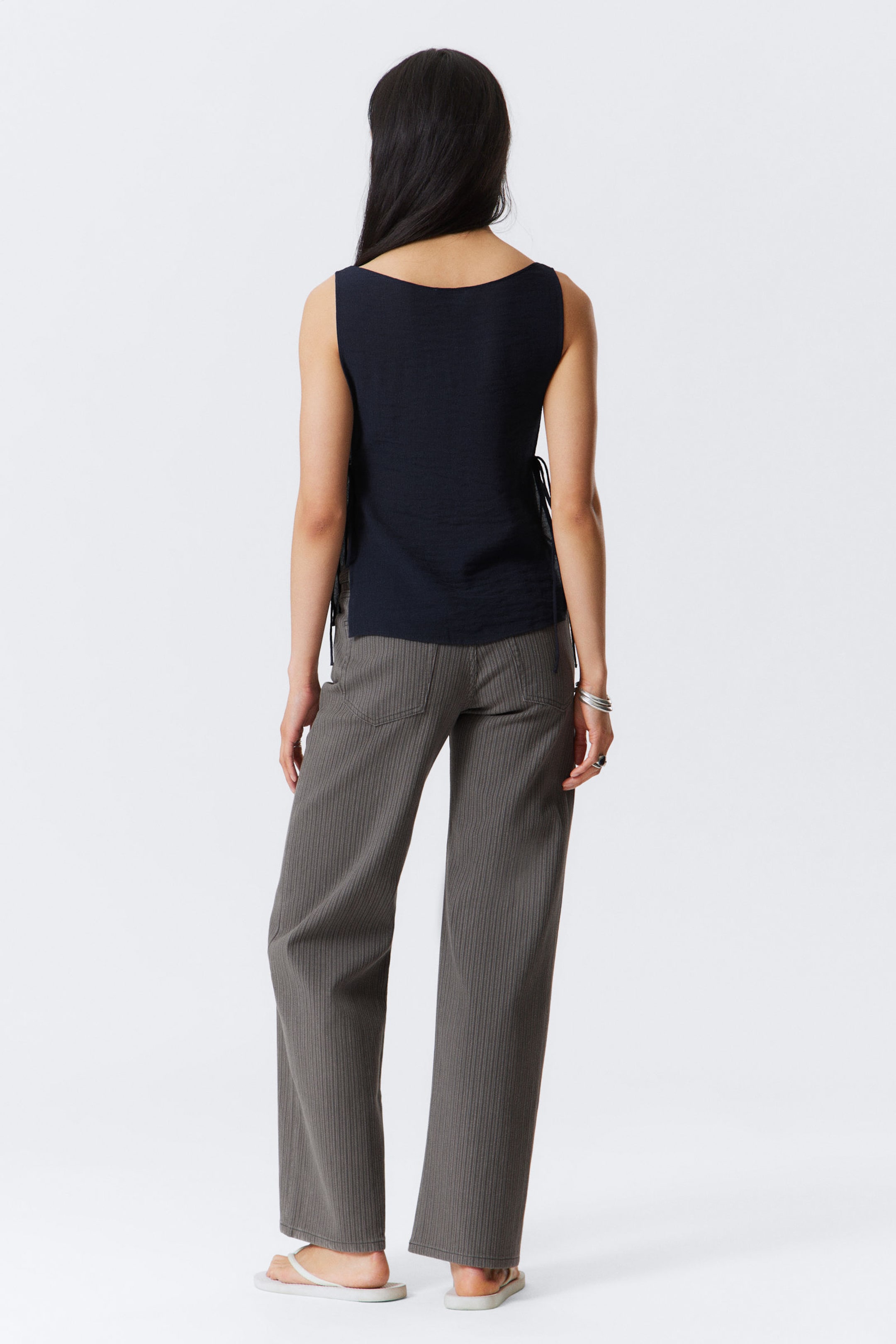 Navy Blue - Sleeveless Boat-Neck Tie Top - 3