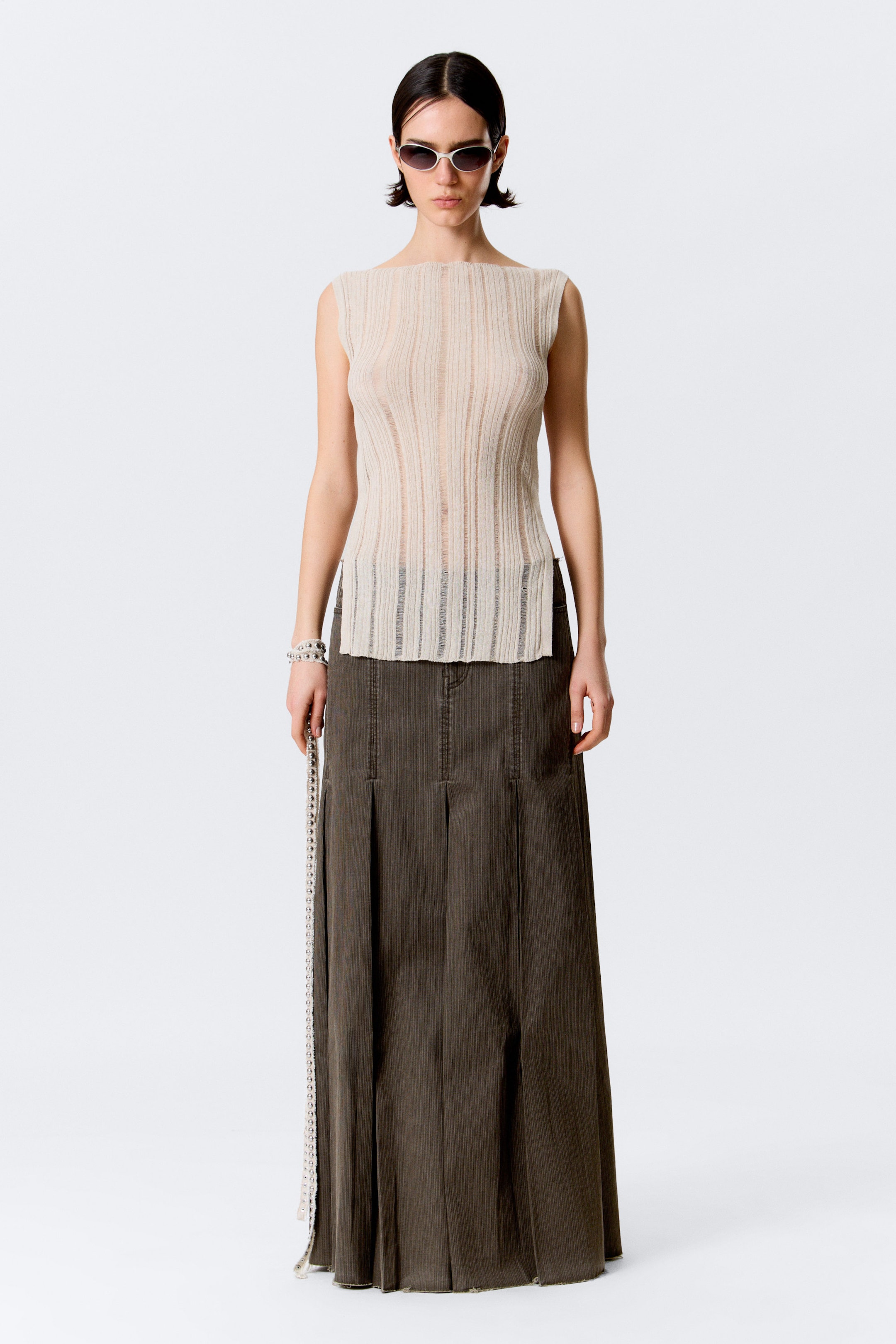 Light Beige - Knitted Boat-Neck Tank Top - 2