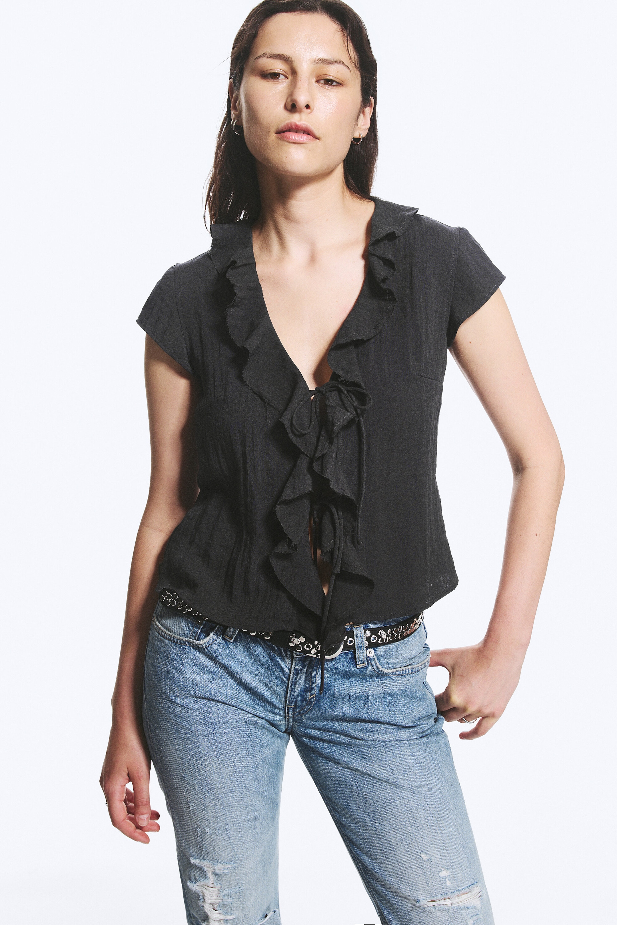 Dark Grey - Frilled Tie-Front Top - 1
