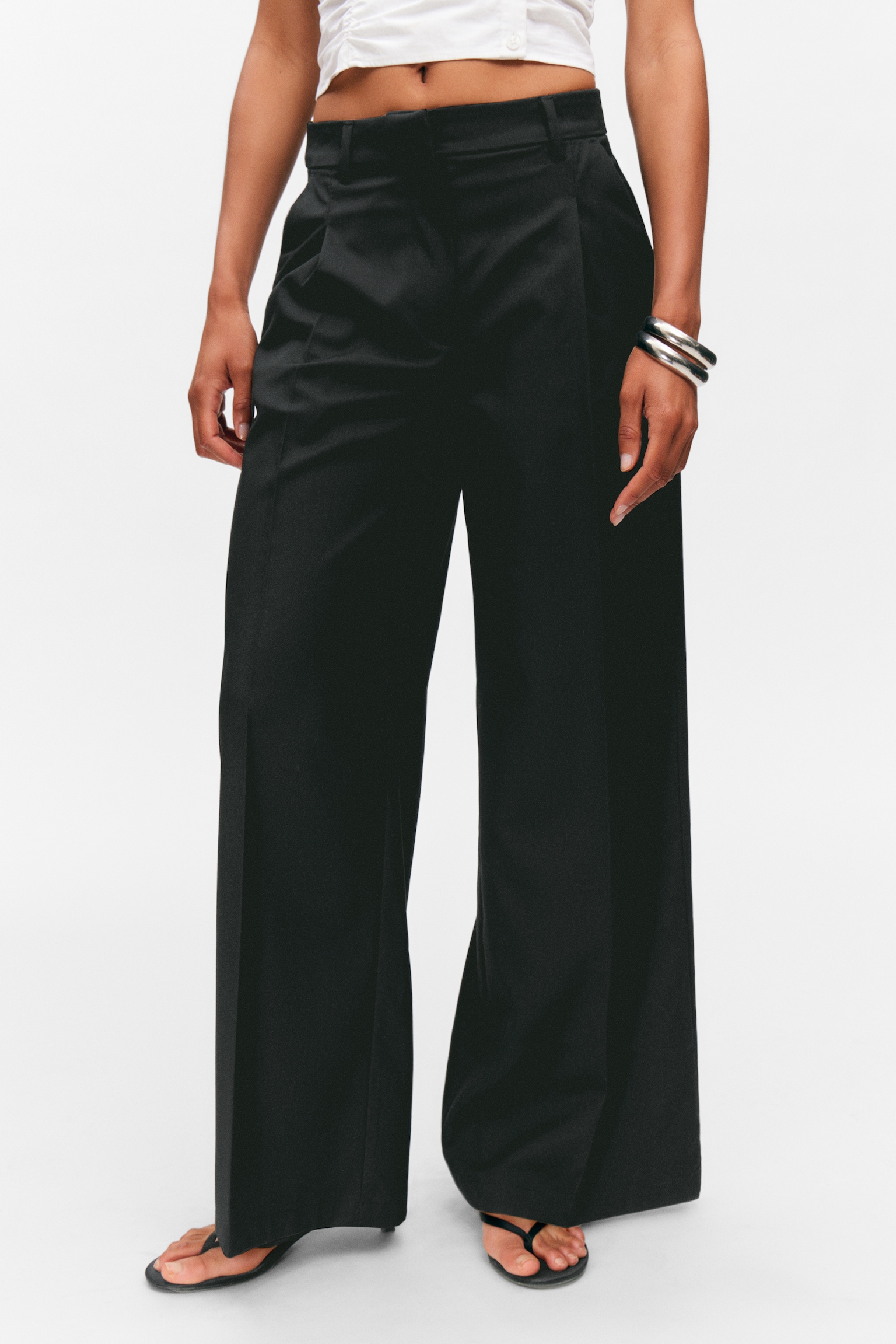 High Waisted Wide Leg Suiting Trousers - Black/Checked Brown/Pinstriped Dark Grey - 4