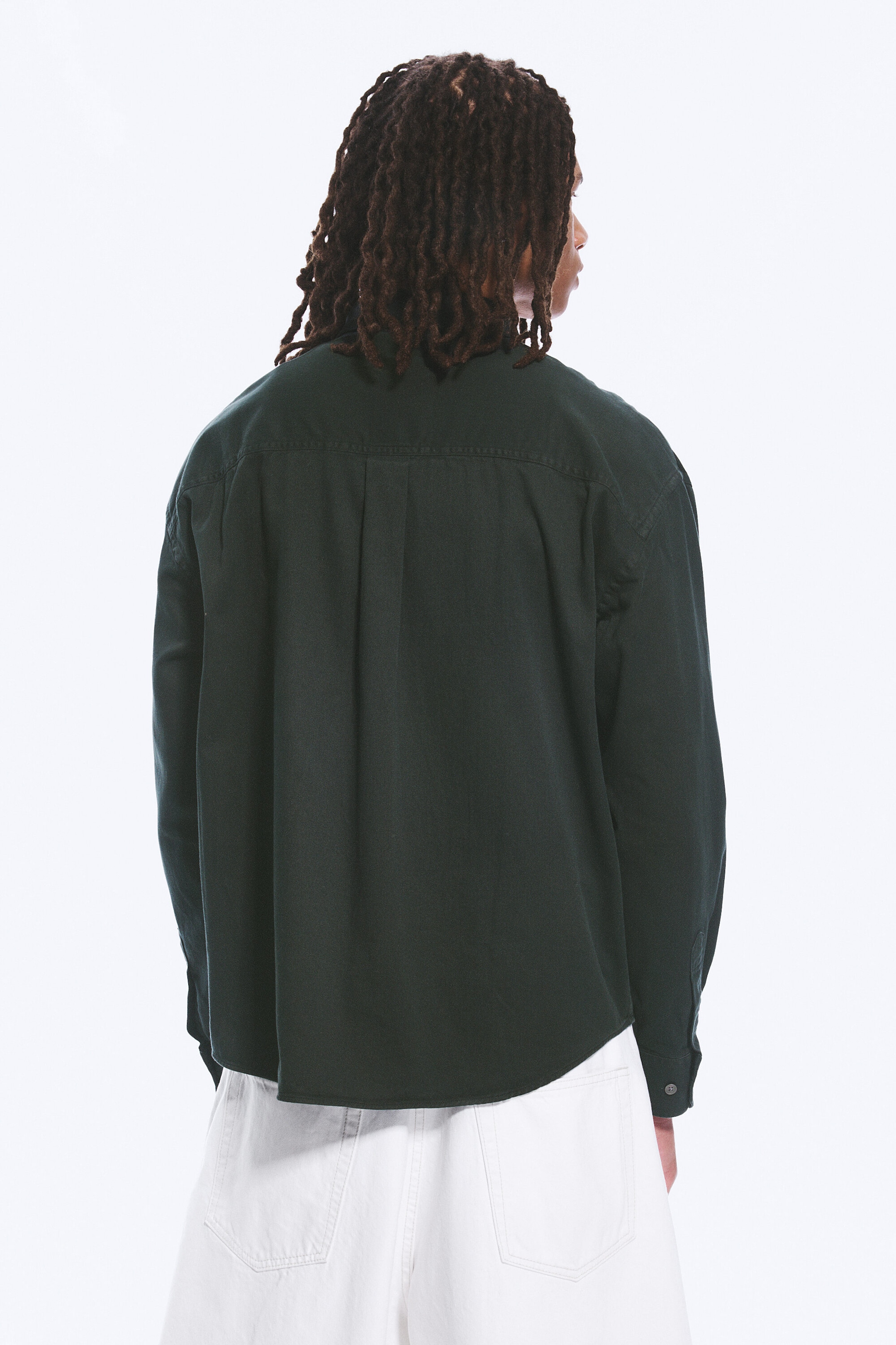 Dark Green - Embroidered Oversized Cotton Shirt - 3