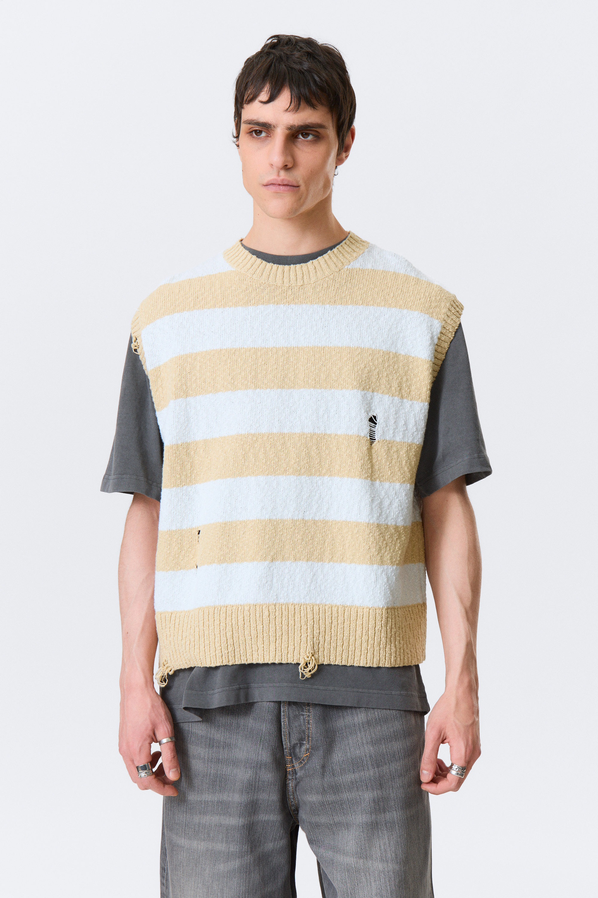 Blue & Beige Stripe - Relaxed Distressed Knitted Vest - 2